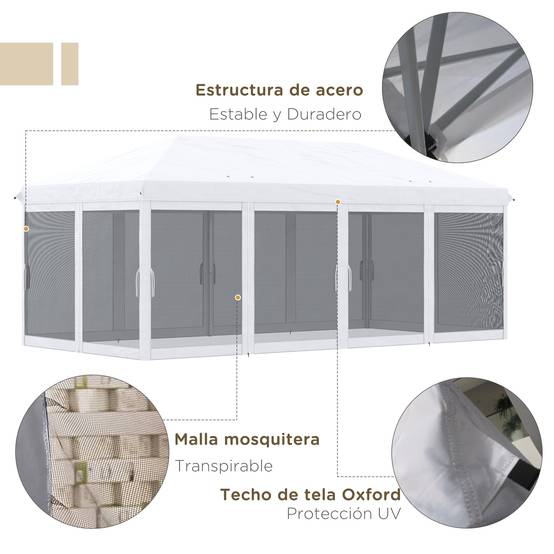 Tente de jardin pliante pliable 6x3 m avec 6 parois latérales en maille anti-UV et sac de transport couleur crème - Image 6