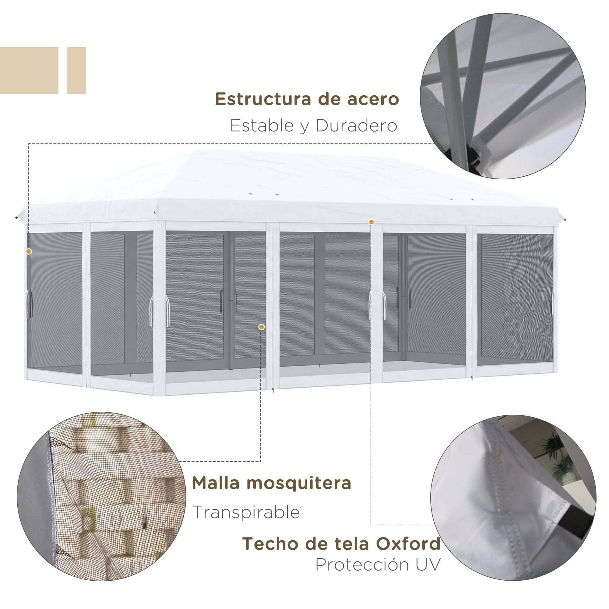 Tente de jardin pliante pliable 6x3 m avec 6 parois latérales en maille anti-UV et sac de transport couleur crème - Image 6