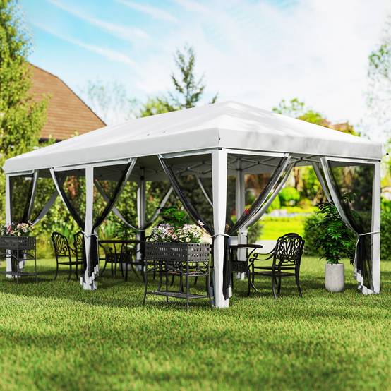 Tente de jardin pliante pliable 6x3 m avec 6 parois latérales en maille anti-UV et sac de transport couleur crème - Image 4