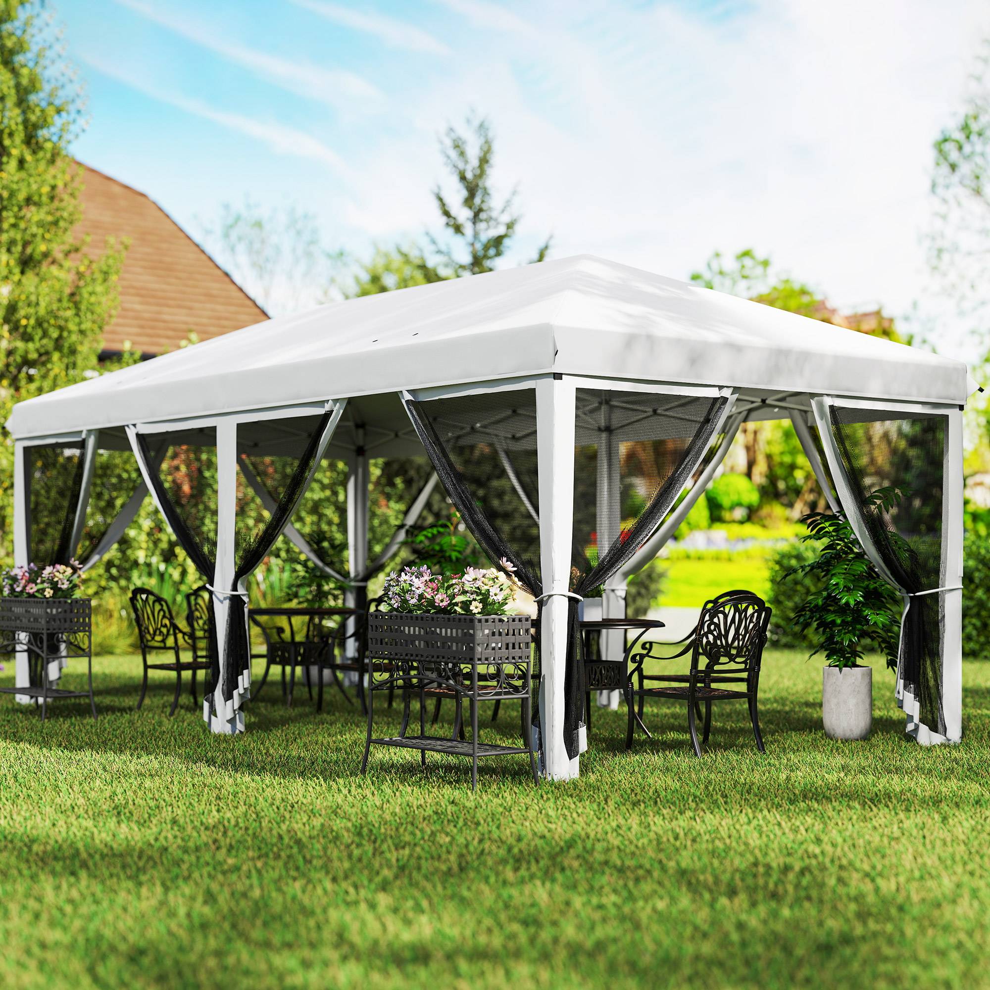 Tente de jardin pliante pliable 6x3 m avec 6 parois latérales en maille anti-UV et sac de transport couleur crème - Image 4