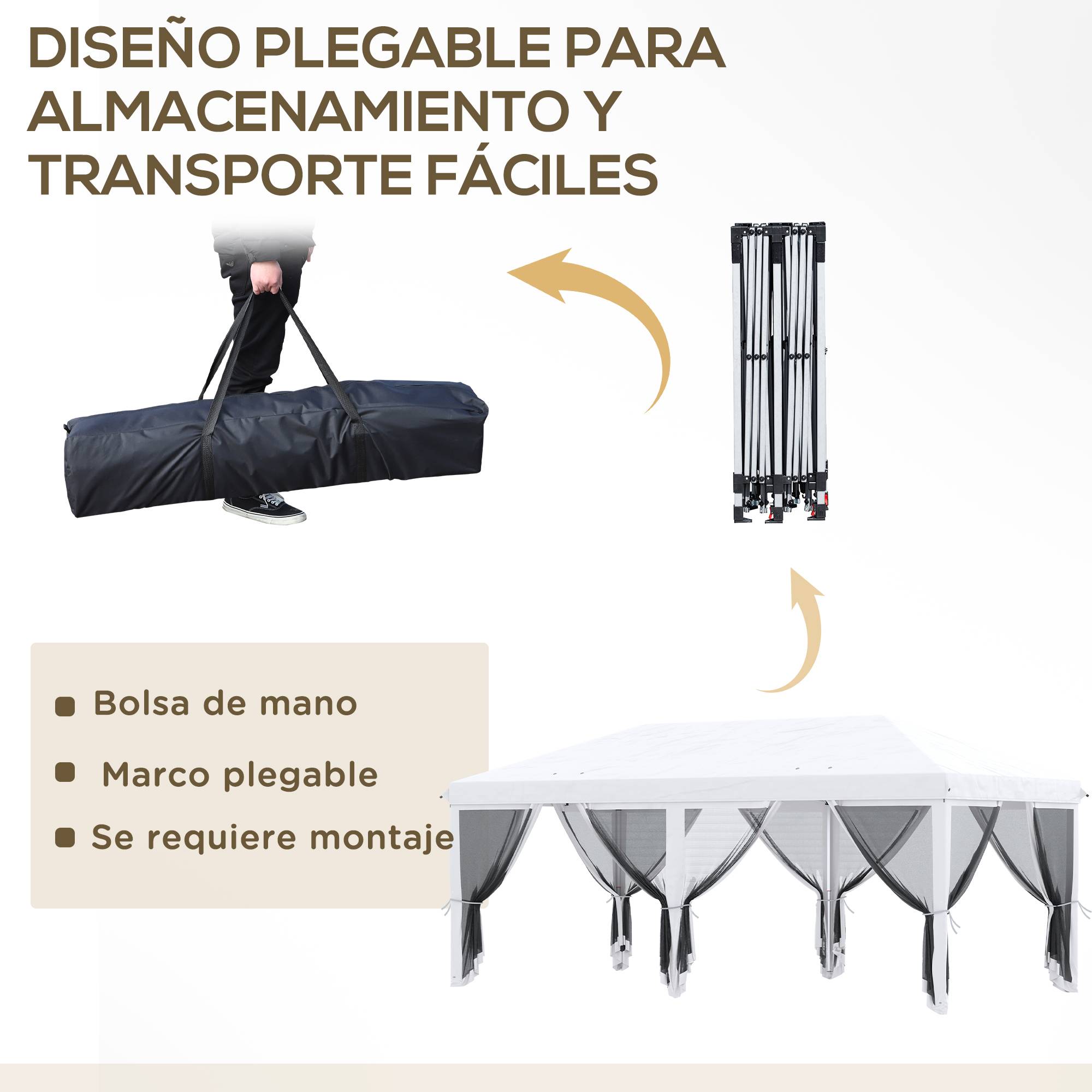 Tente de jardin pliante pliable 6x3 m avec 6 parois latérales en maille anti-UV et sac de transport couleur crème - Image 7