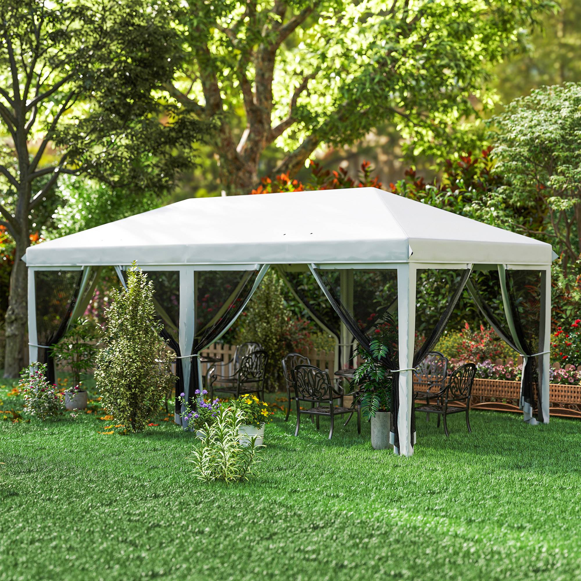 Tente de jardin pliante pliable 6x3 m avec 6 parois latérales en maille anti-UV et sac de transport couleur crème - Image 10