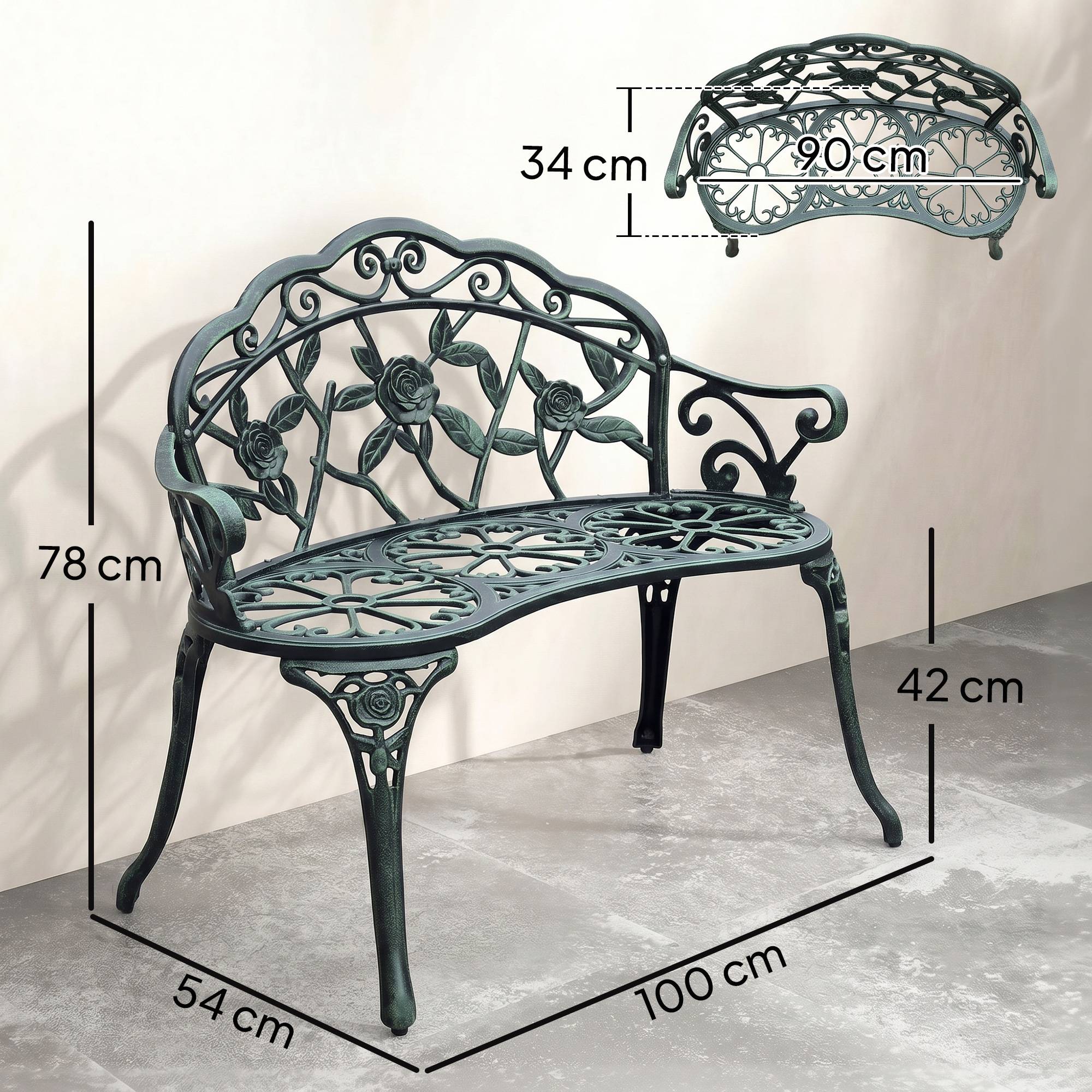 Sans Marque - Banc de Jardin 2 Places Style néo-rétro Motif Rose Lignes fuselées 100L x 54l x 78H cm Fonte d'aluminium Vert - Image 5