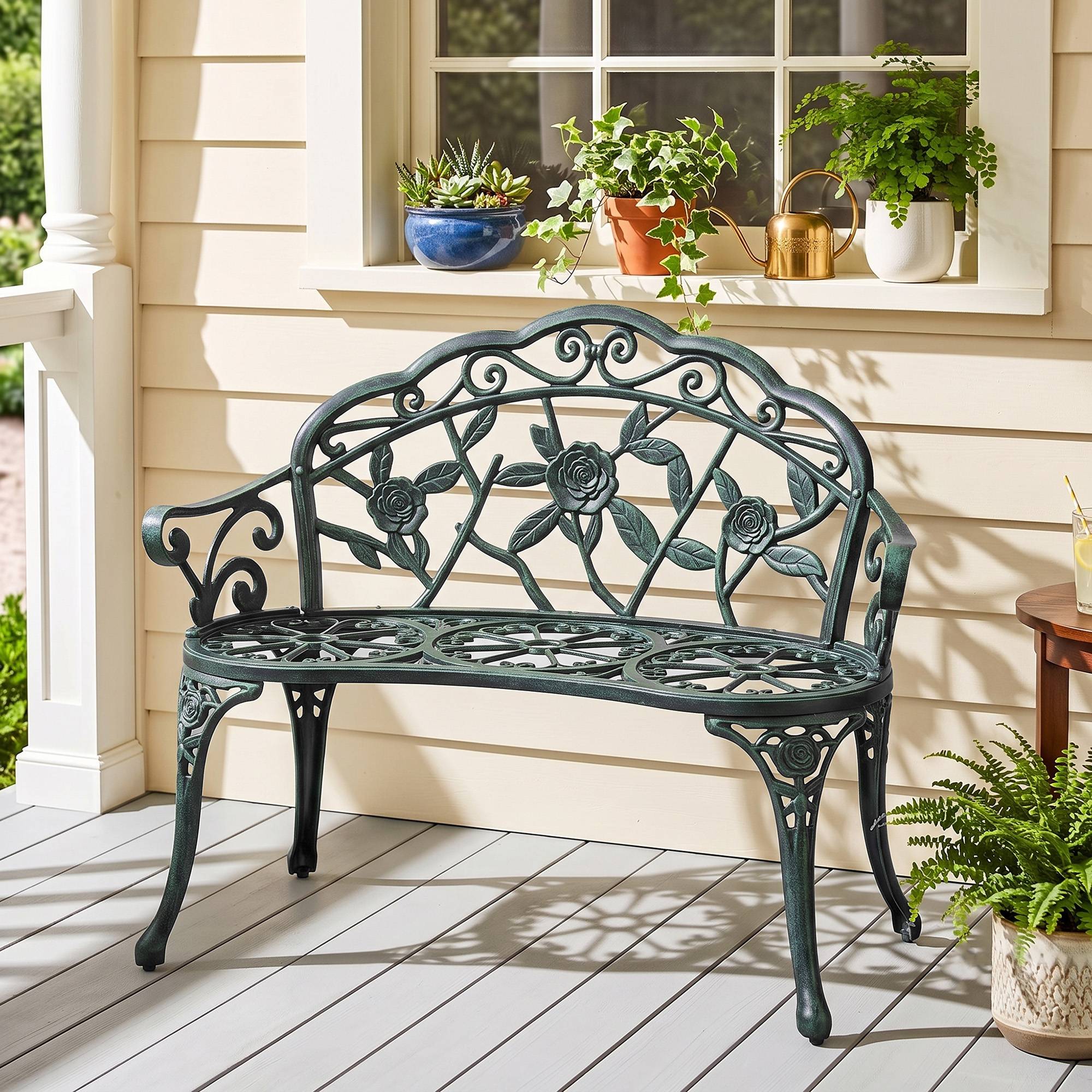 Sans Marque - Banc de Jardin 2 Places Style néo-rétro Motif Rose Lignes fuselées 100L x 54l x 78H cm Fonte d'aluminium Vert - Image 3