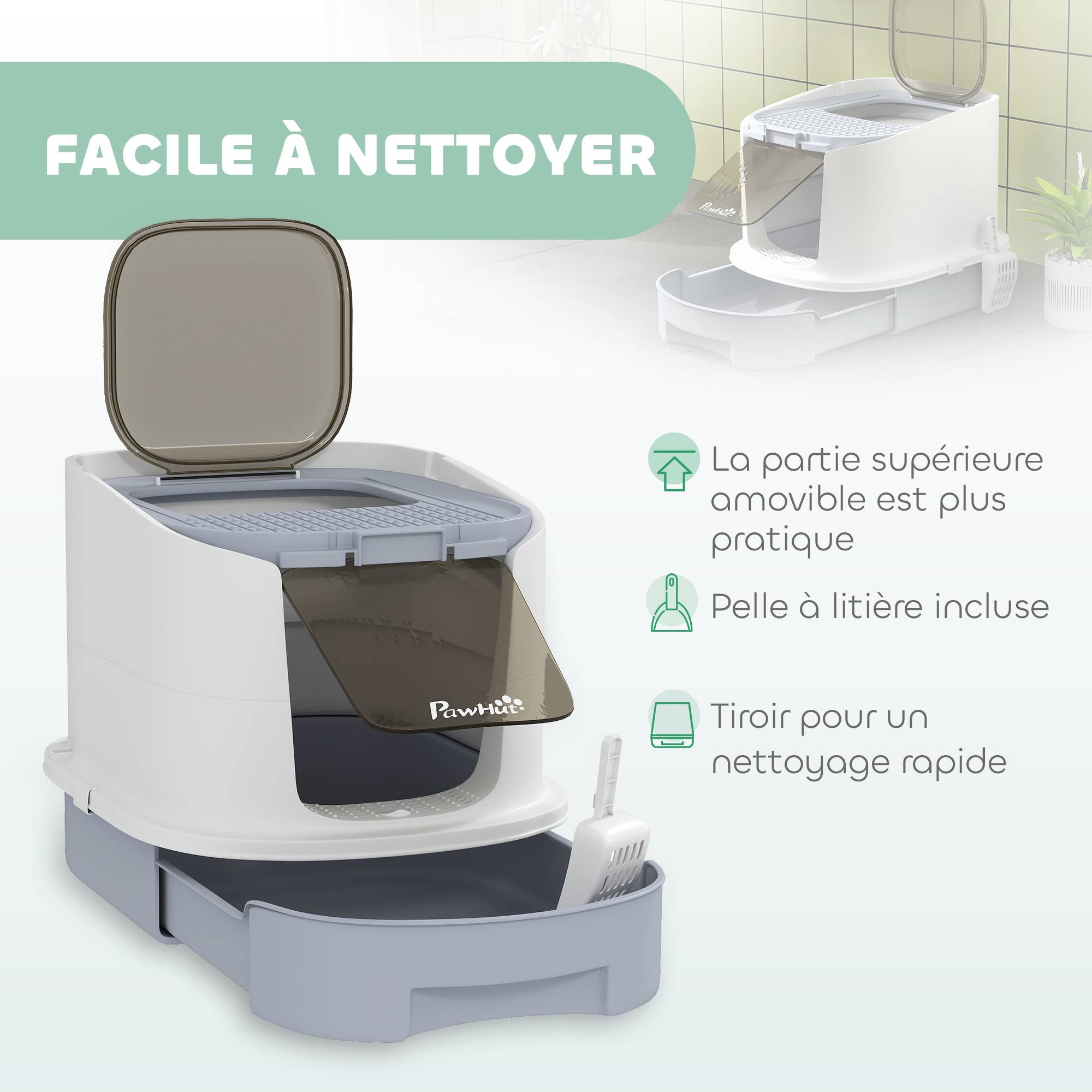 Bac à litière porte fermée translucide pelle 40,5 x 52,5 x 42,5 cm gris - Image 7