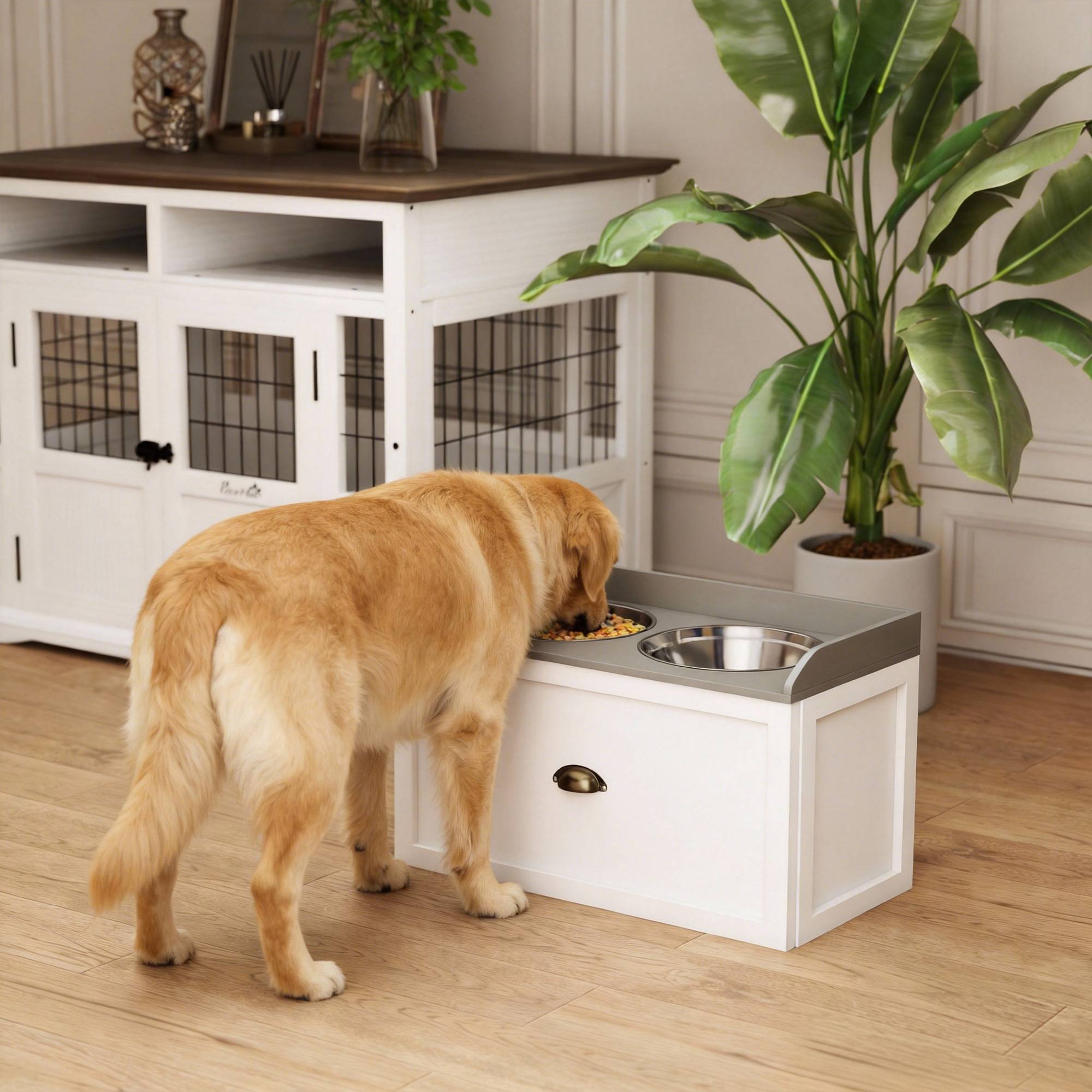 Sans Marque - Gamelles surélevées chien acier inox et bois avec tiroir 60x30x36 cm blanc et gris - Image 3