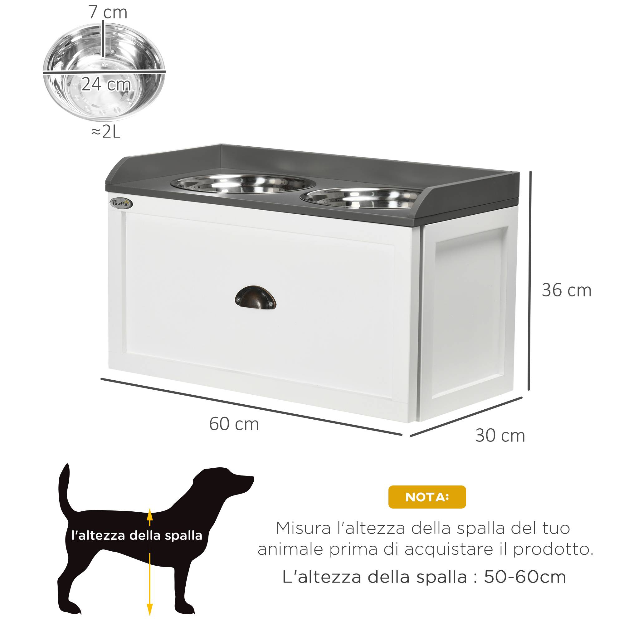 Sans Marque - Gamelles surélevées chien acier inox et bois avec tiroir 60x30x36 cm blanc et gris - Image 5