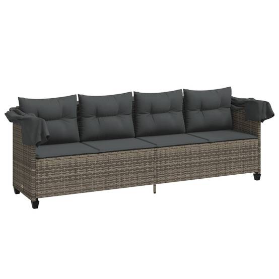 Chaise longue | Transat | Bain de soleil avec auvent et coussins gris résine tressée - Image 4