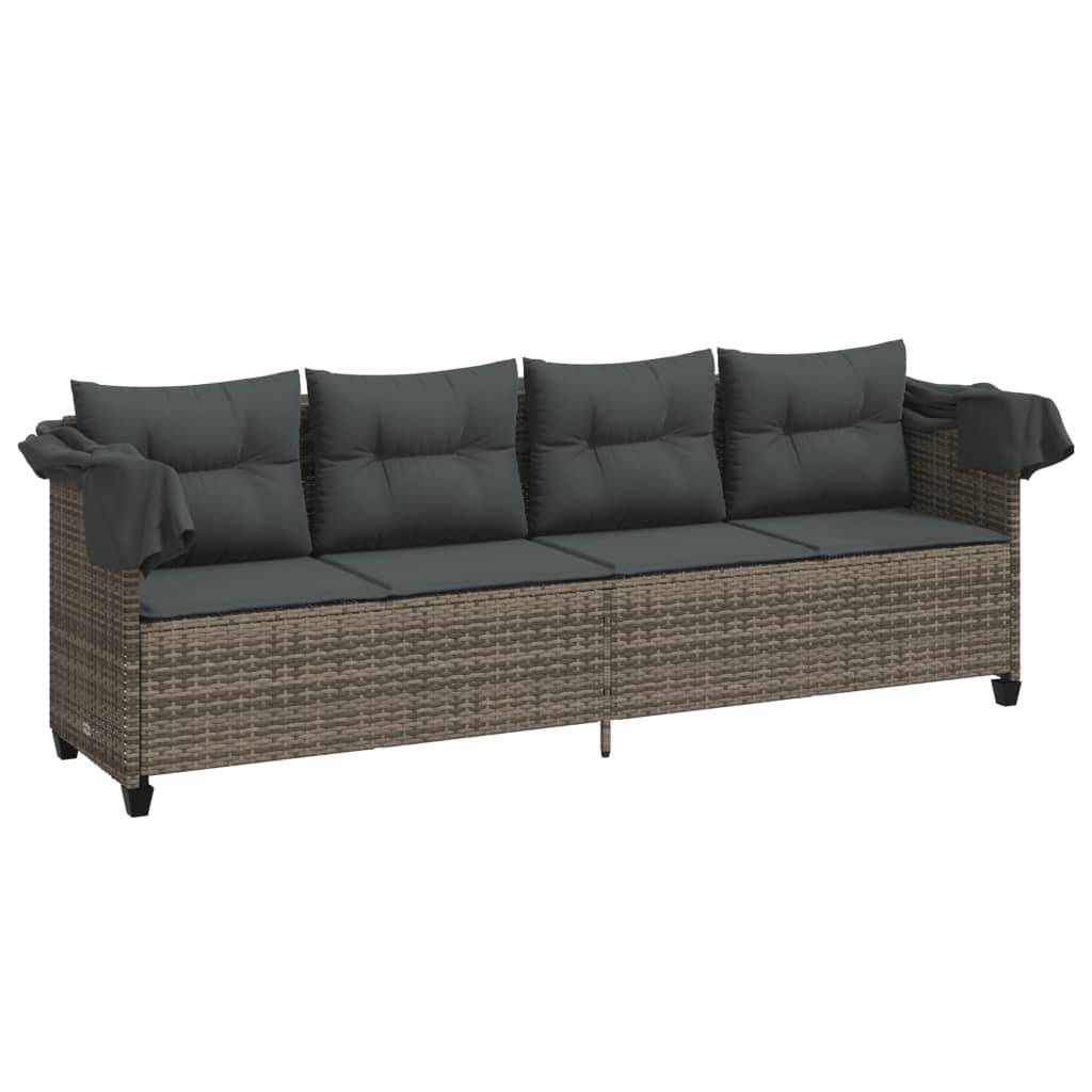 Chaise longue | Transat | Bain de soleil avec auvent et coussins gris résine tressée - Image 4