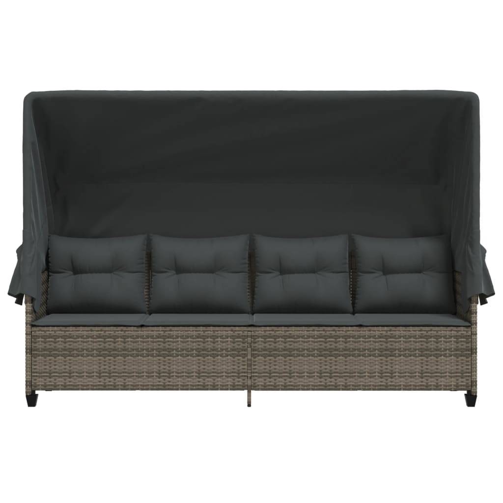 Chaise longue | Transat | Bain de soleil avec auvent et coussins gris résine tressée - Image 5