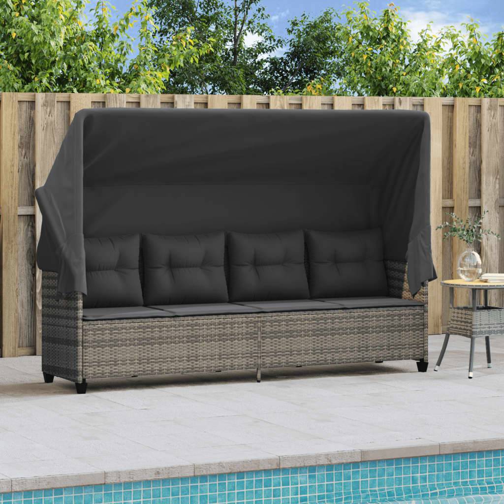 Chaise longue | Transat | Bain de soleil avec auvent et coussins gris résine tressée - Image 3