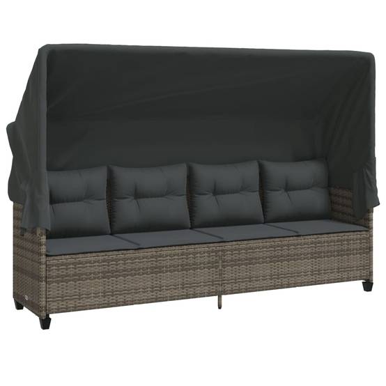 Chaise longue | Transat | Bain de soleil avec auvent et coussins gris résine tressée - Image 1