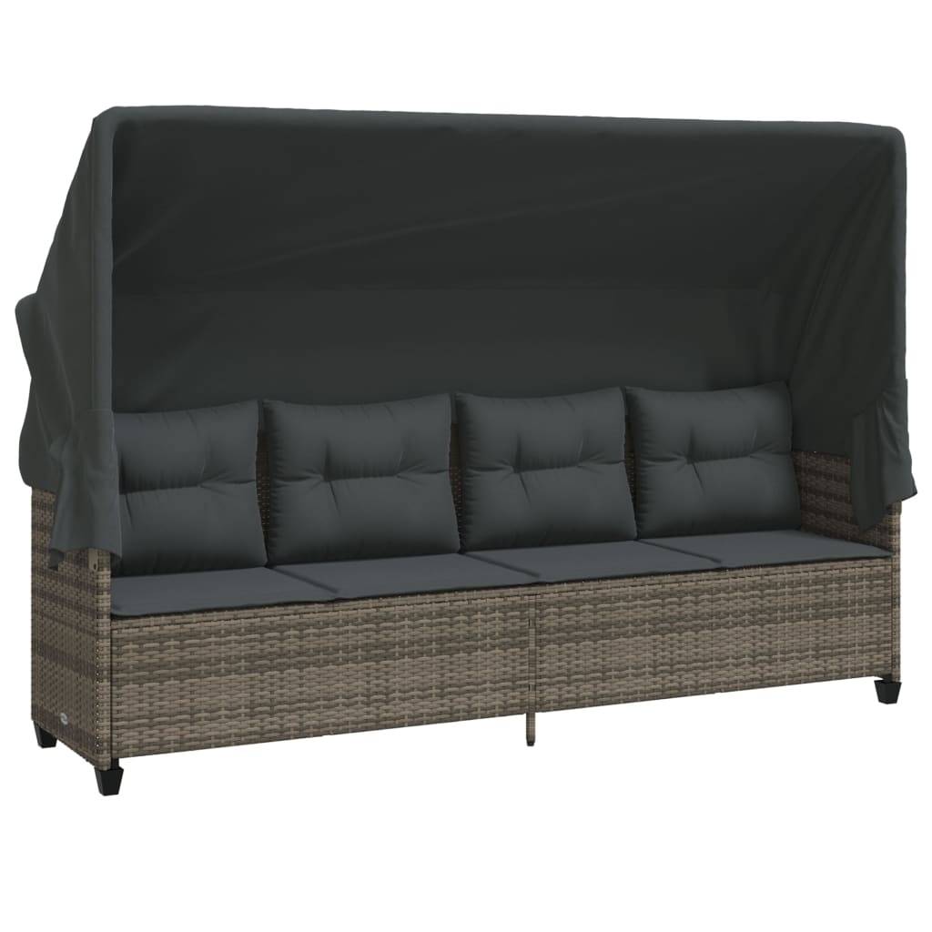 Chaise longue | Transat | Bain de soleil avec auvent et coussins gris résine tressée - Image 1