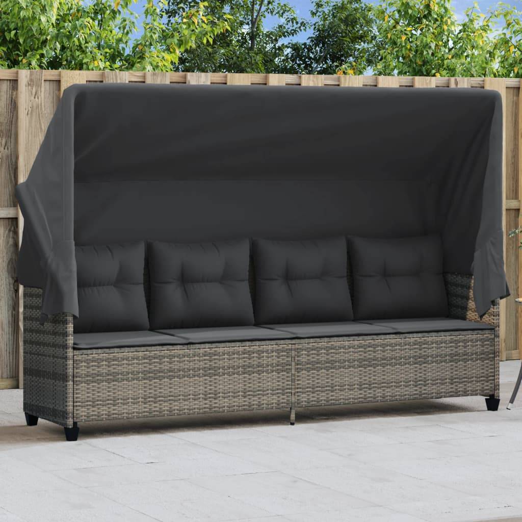 Chaise longue | Transat | Bain de soleil avec auvent et coussins gris résine tressée - Image 2