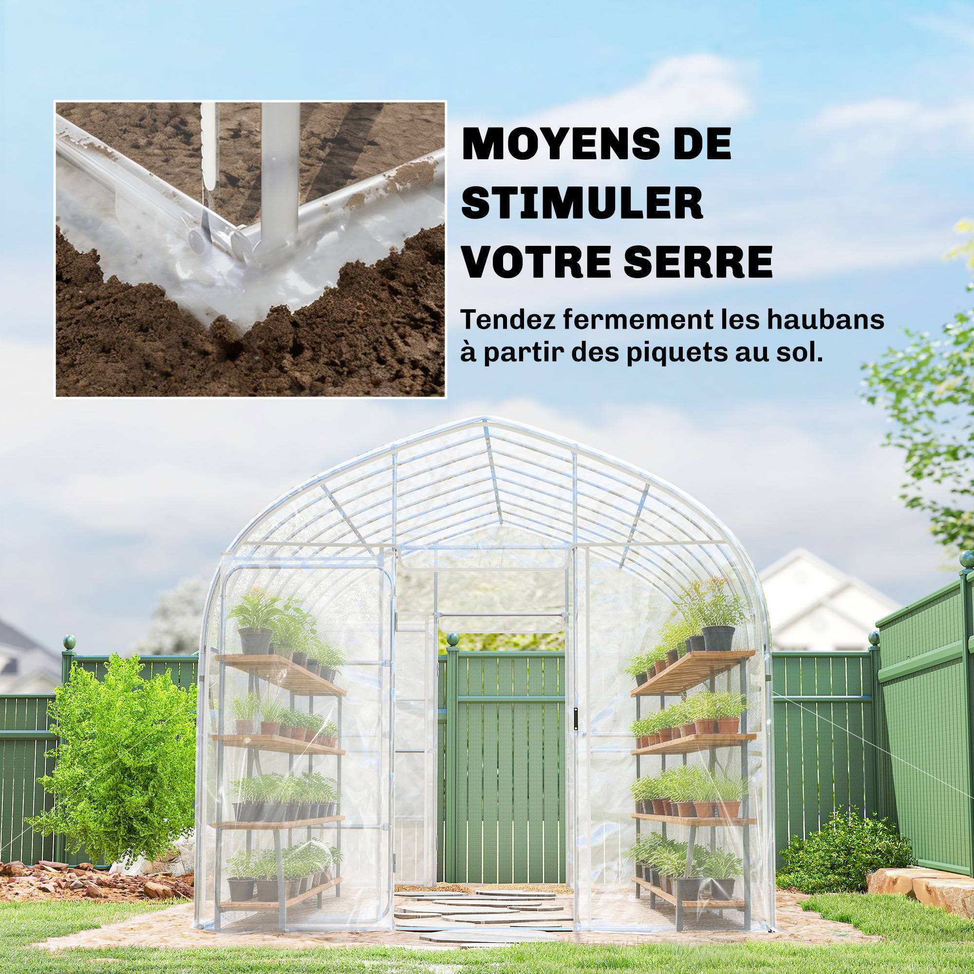 Serre Tunnel de Jardin 12m² Film PO Anti-goutte Acier Galvanisé 25mm Structure Renforcée 2 Portes Battantes Transparent - Image 10