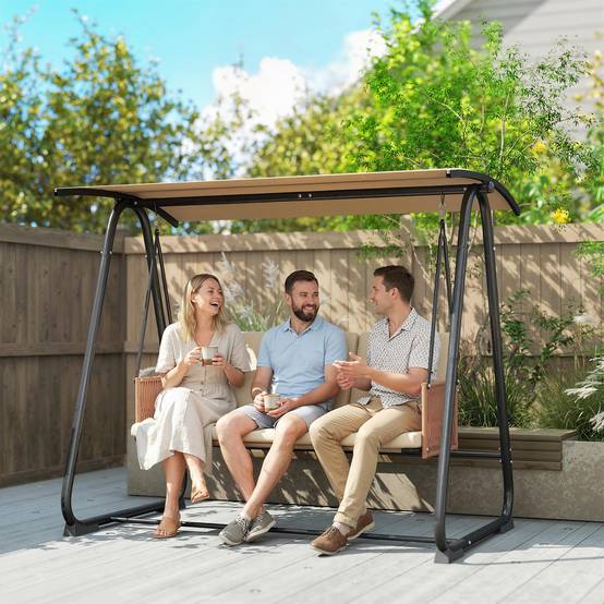 Balancelle de jardin 3 places métal terrasse toit inclinable 203x121cm sable - ComfortXL Outdoor Living - Image 3