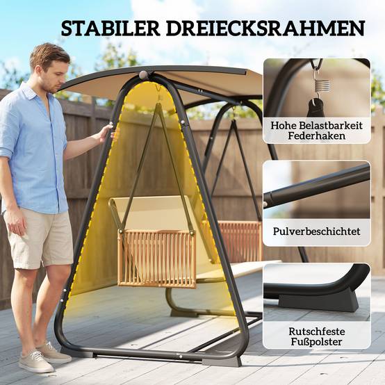 Balancelle de jardin 3 places métal terrasse toit inclinable 203x121cm sable - ComfortXL Outdoor Living - Image 7