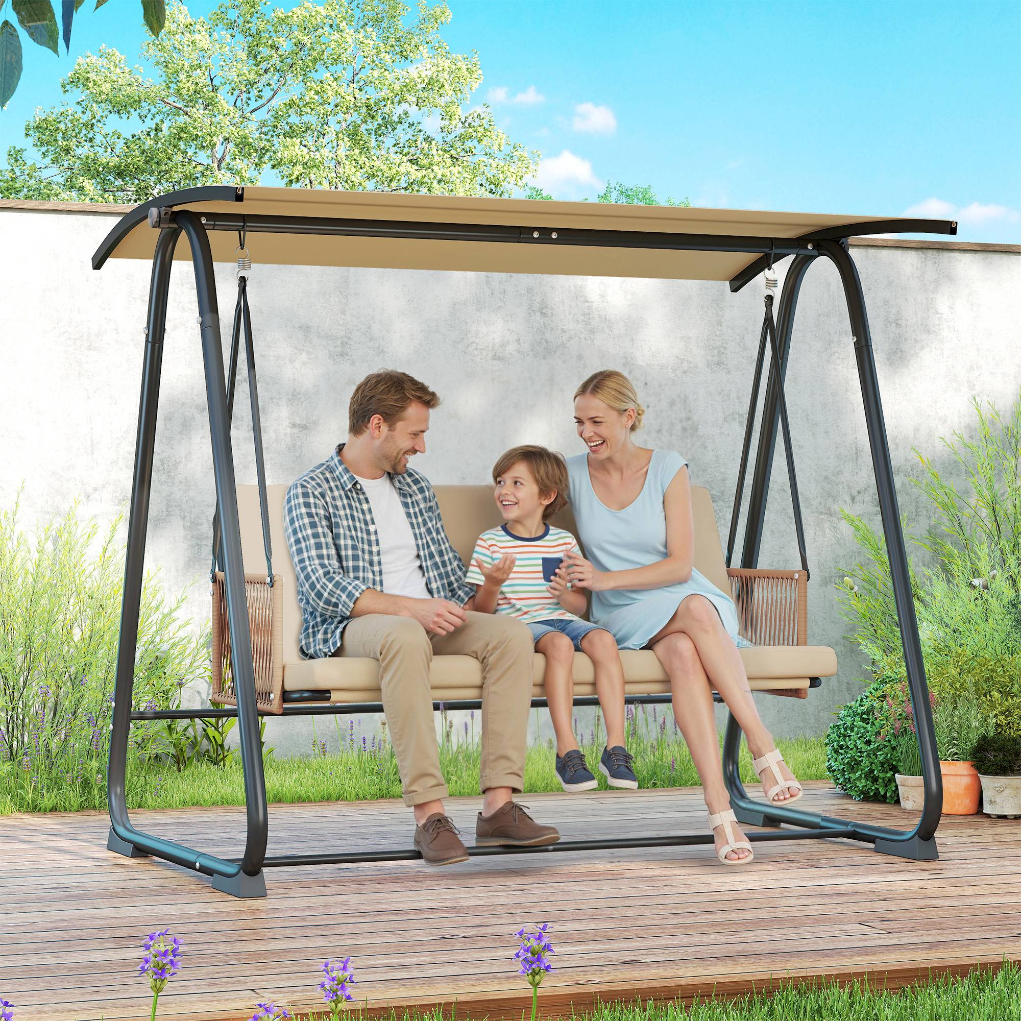 Balancelle de jardin 3 places métal terrasse toit inclinable 203x121cm sable - ComfortXL Outdoor Living - Image 4