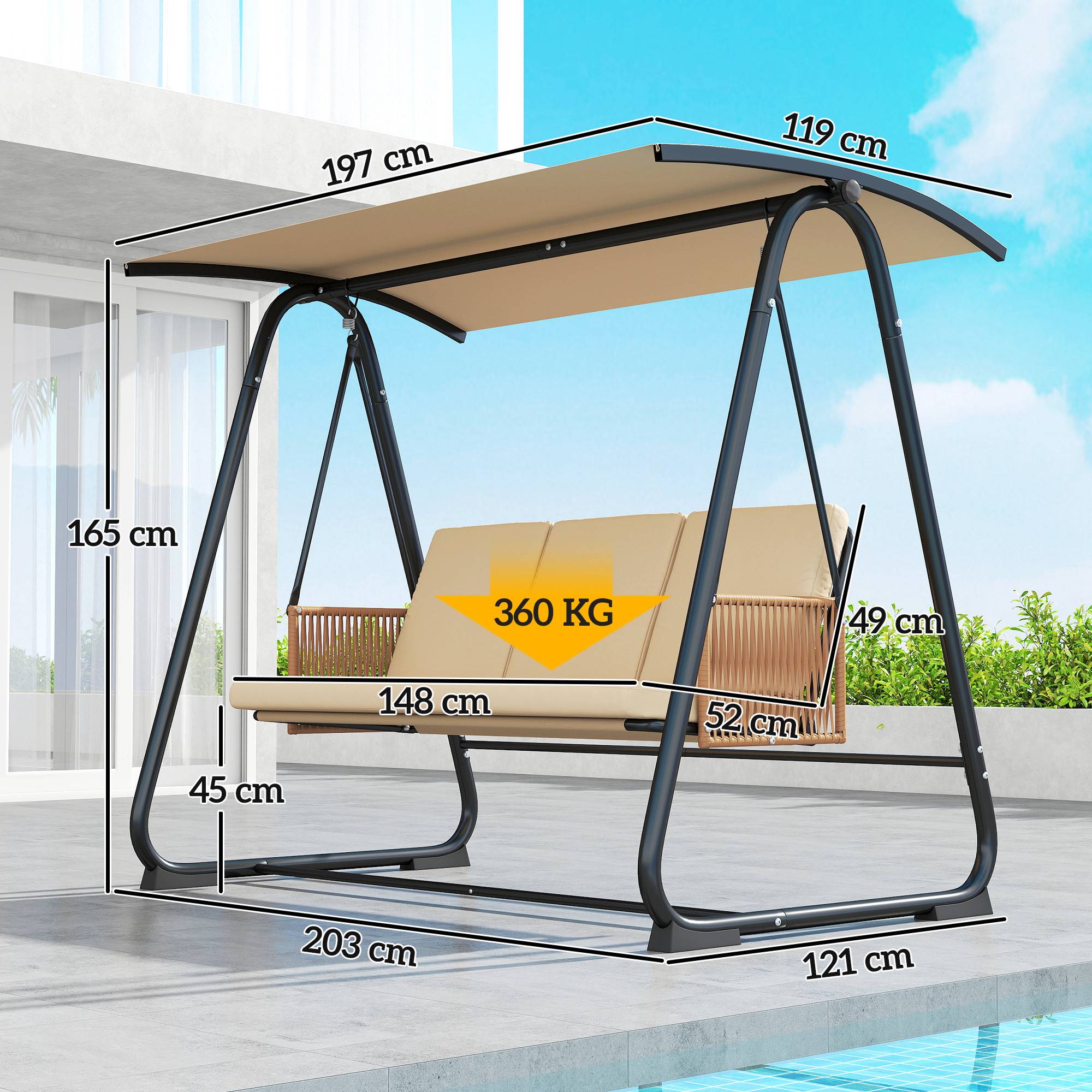 Balancelle de jardin 3 places métal terrasse toit inclinable 203x121cm sable - ComfortXL Outdoor Living - Image 5