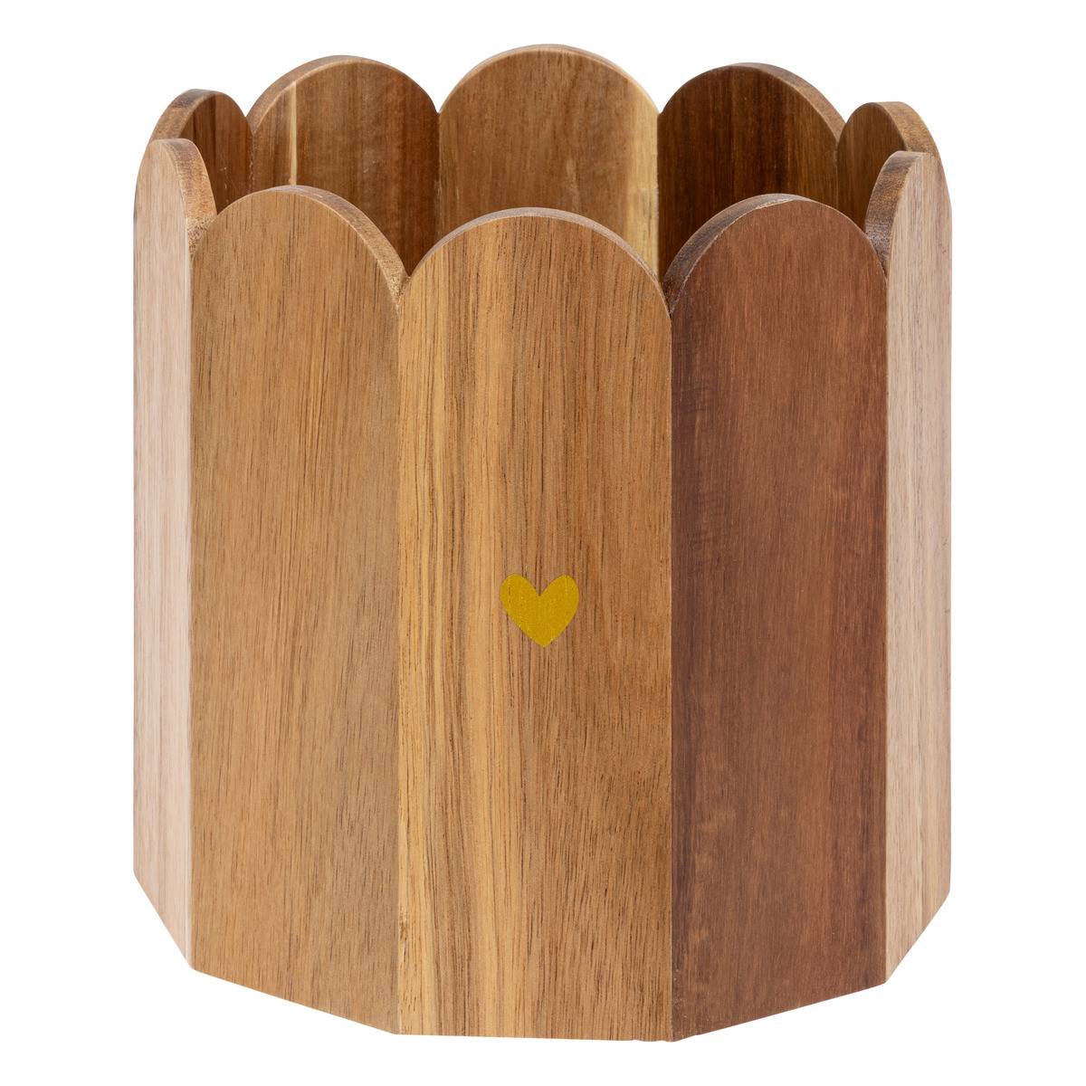 Cache-Pot en Bois d'Acacia avec un coeur doré D 18 x H 18,5 cm - Image 1