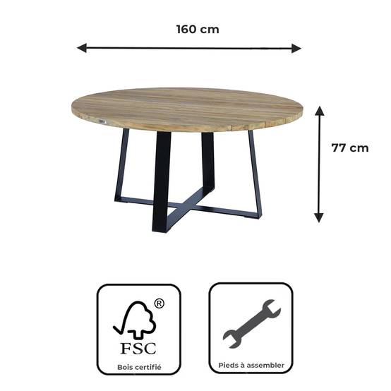 Table métal anthracite et teck recyclé D 160 cm Orsay - Gecko Jardin - Image 7