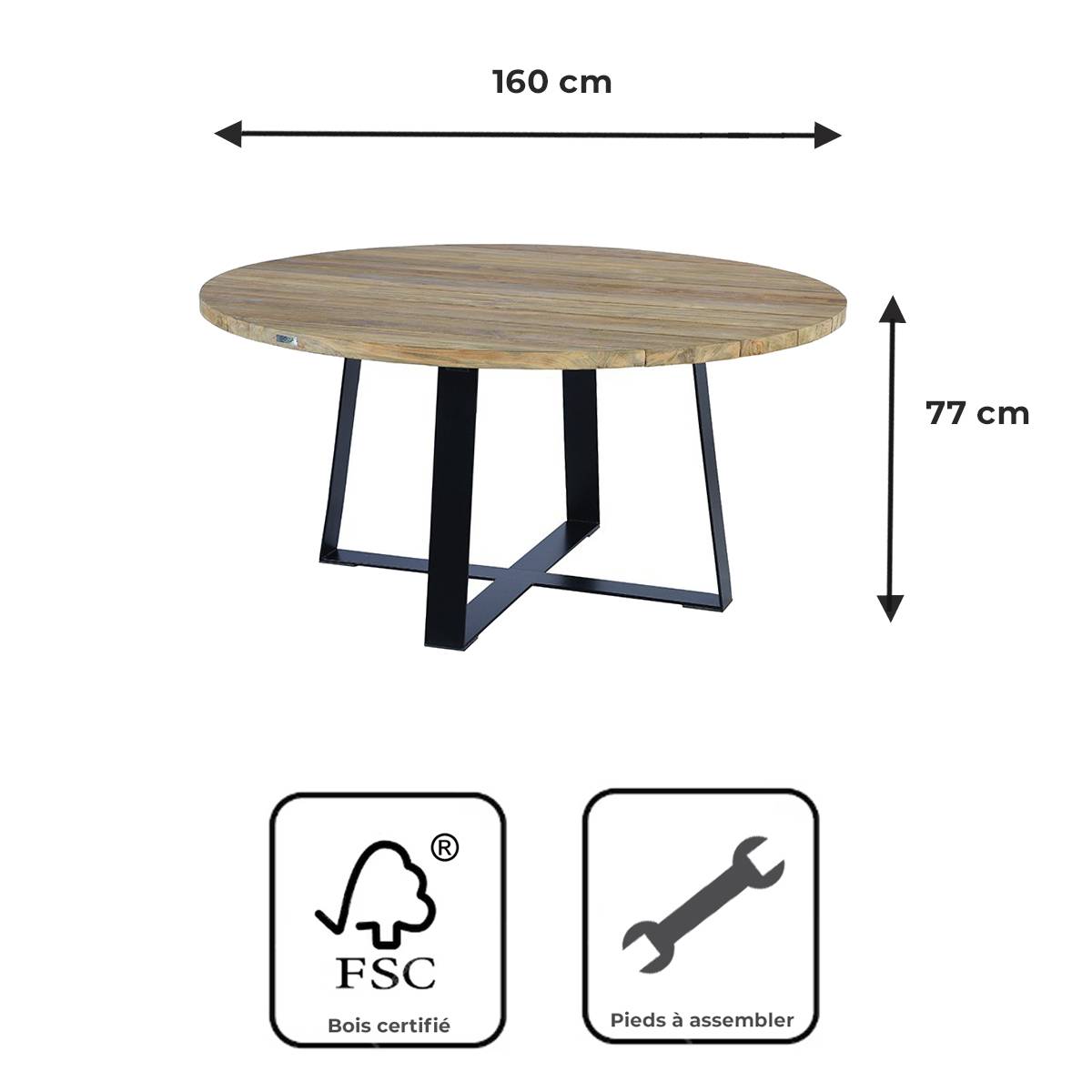 Table métal anthracite et teck recyclé D 160 cm Orsay - Gecko Jardin - Image 7