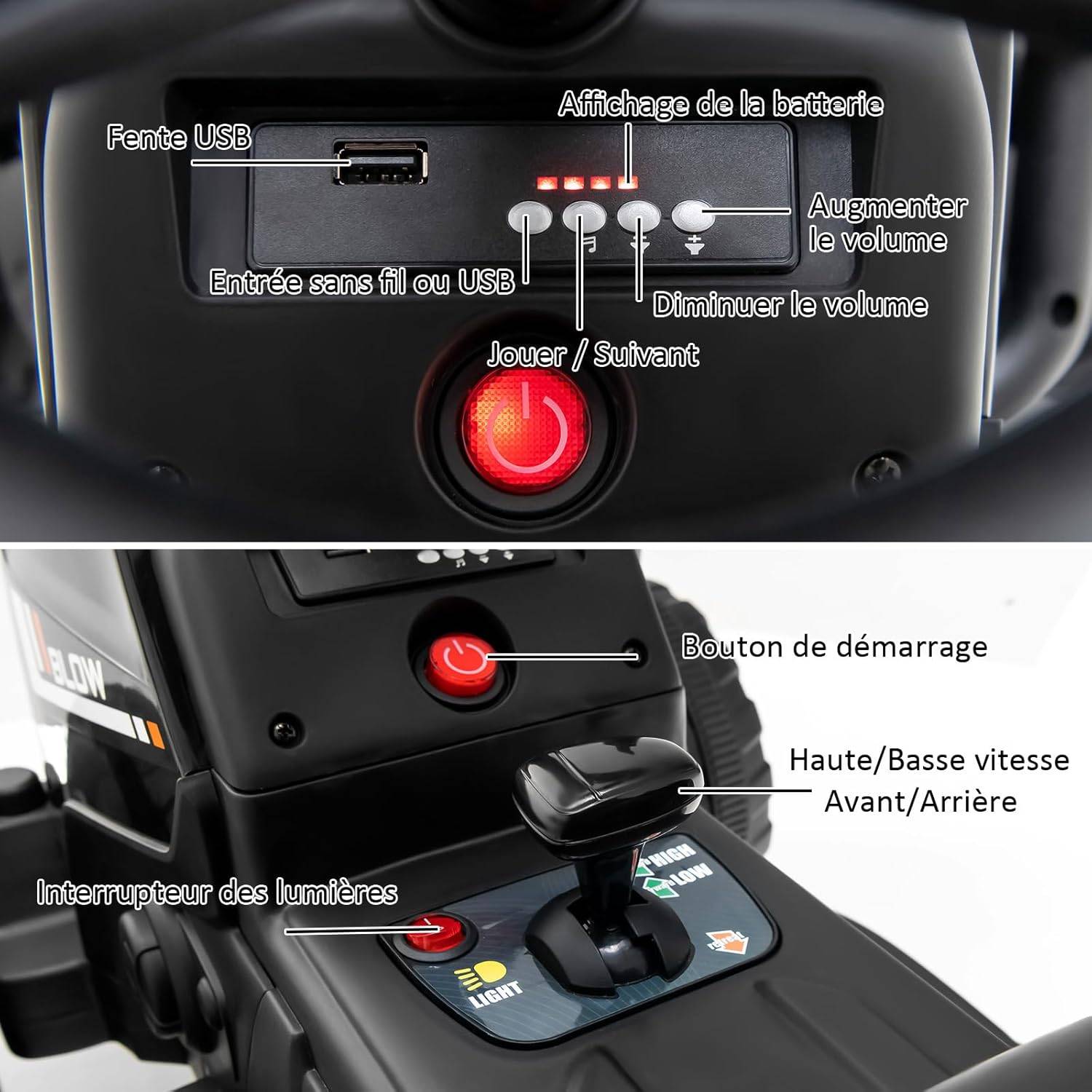 Tracteur avec Remorque Electrique pour Enfants 12 V avec Télécommande 2,4G - 3 Vitesses (Noir) - Image 9