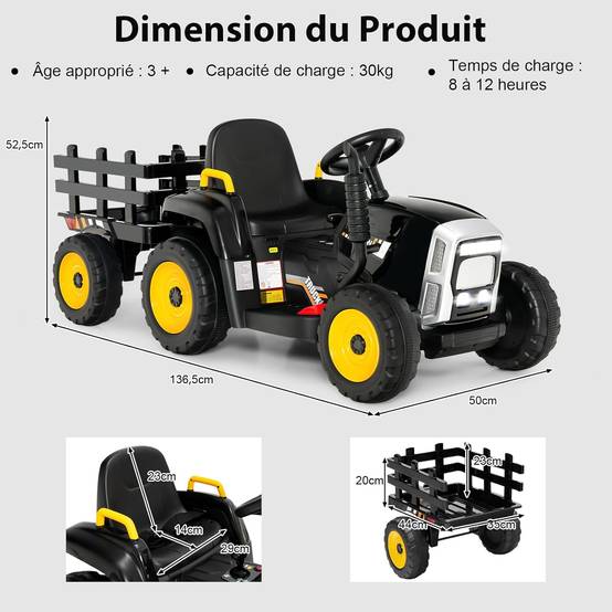 Tracteur avec Remorque Electrique pour Enfants 12 V avec Télécommande 2,4G - 3 Vitesses (Noir) - Image 4