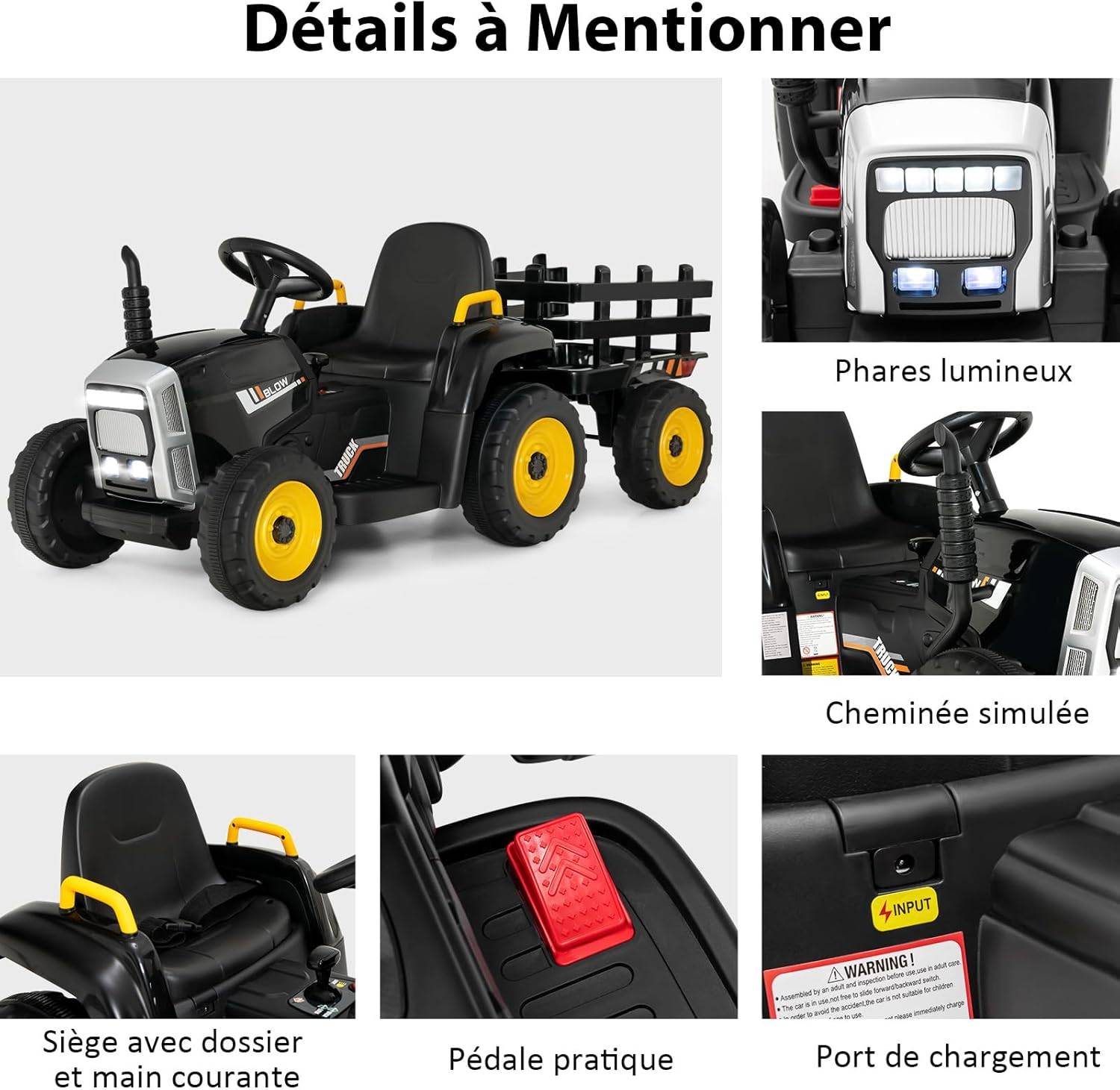 Tracteur avec Remorque Electrique pour Enfants 12 V avec Télécommande 2,4G - 3 Vitesses (Noir) - Image 5