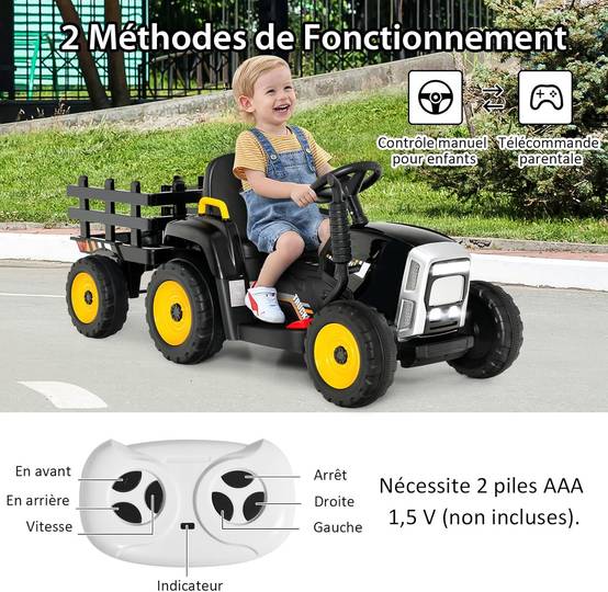 Tracteur avec Remorque Electrique pour Enfants 12 V avec Télécommande 2,4G - 3 Vitesses (Noir) - Image 3