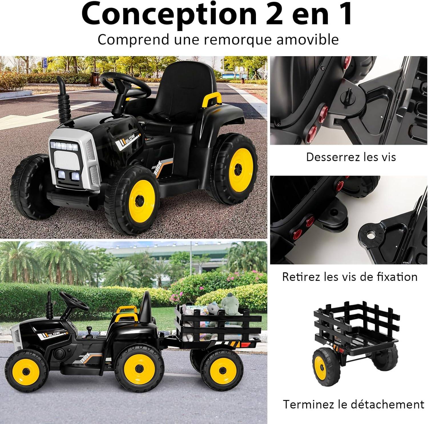 Tracteur avec Remorque Electrique pour Enfants 12 V avec Télécommande 2,4G - 3 Vitesses (Noir) - Image 2