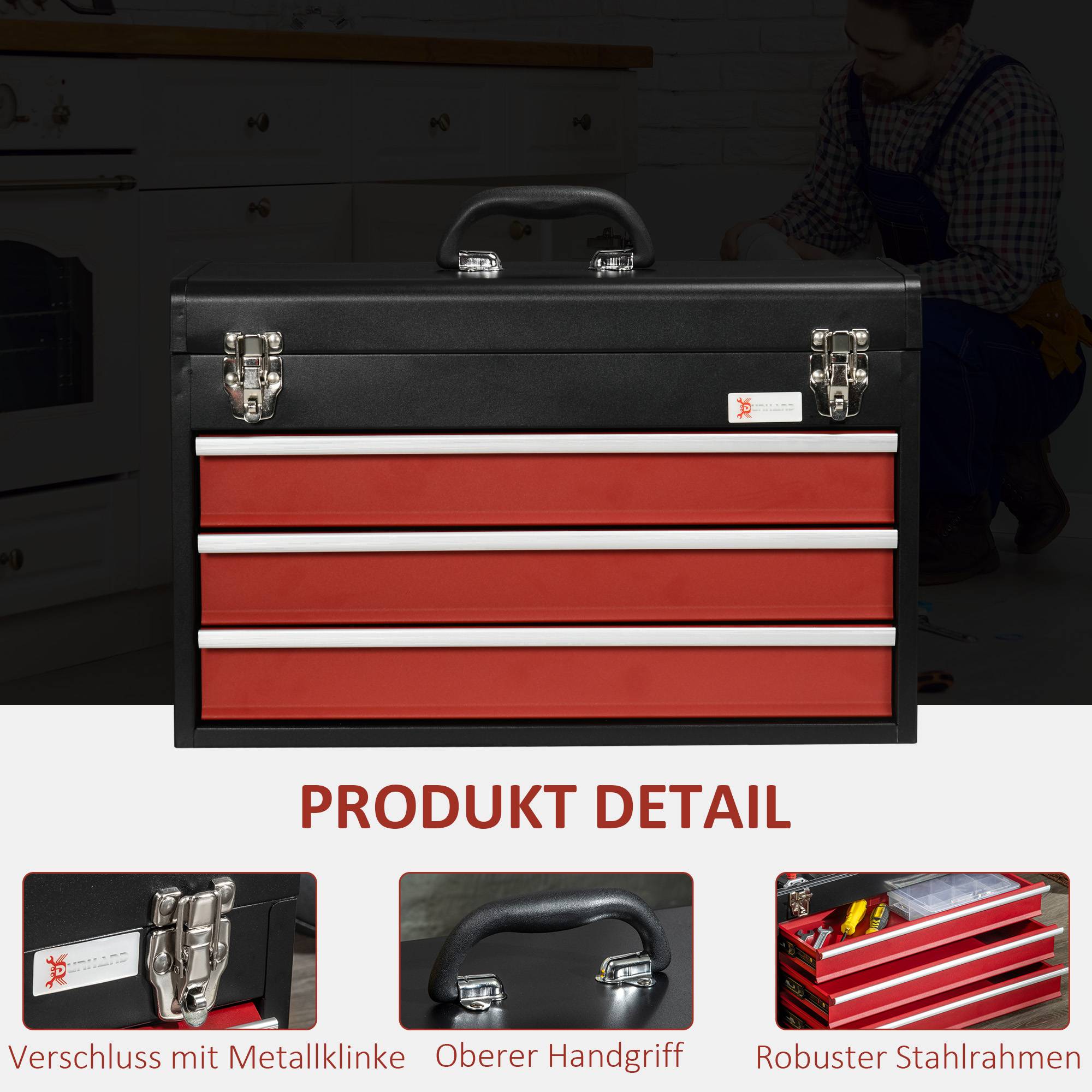 Sans Marque - Mallette à outils, boîte à outils, 3 tiroirs, verrouillable, boîtier en acier, noir+rouge, 51 x 22 x 32 cm - Image 6