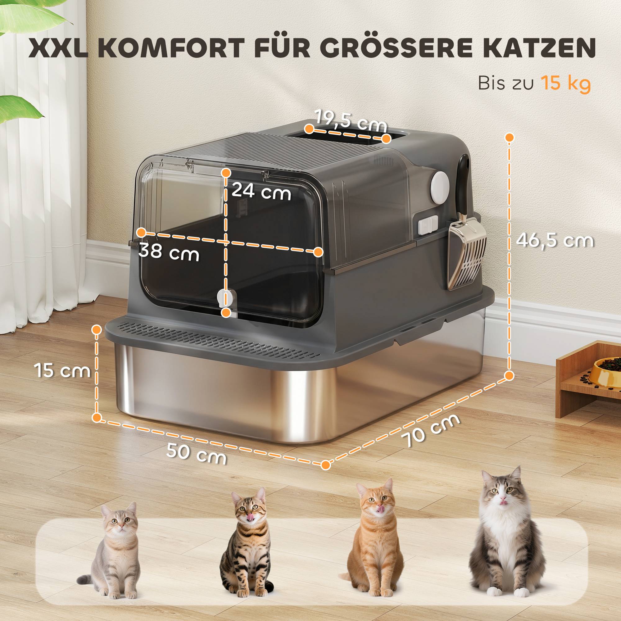 Sans Marque - Katzenklo Edelstahl mit Deckel XXL 72L für große Katzen und Mehrere Katzen mit Doppeltüren Schaufel Pedal Anti-Leck - Image 4