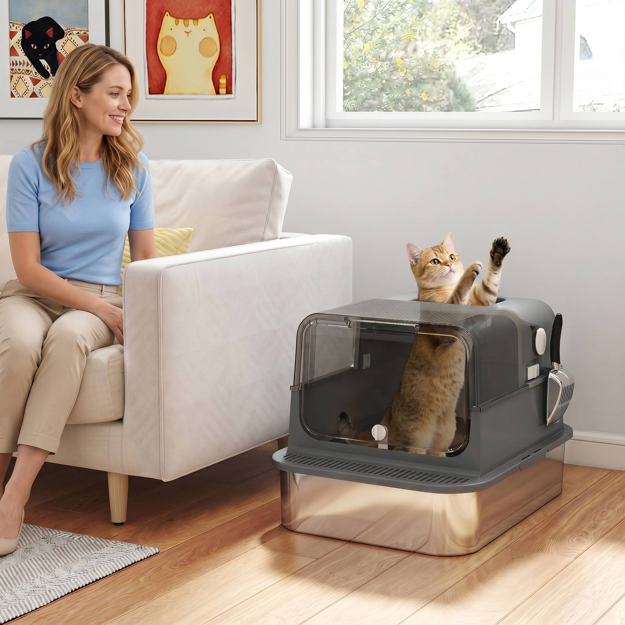 Sans Marque - Katzenklo Edelstahl mit Deckel XXL 72L für große Katzen und Mehrere Katzen mit Doppeltüren Schaufel Pedal Anti-Leck - Image 3