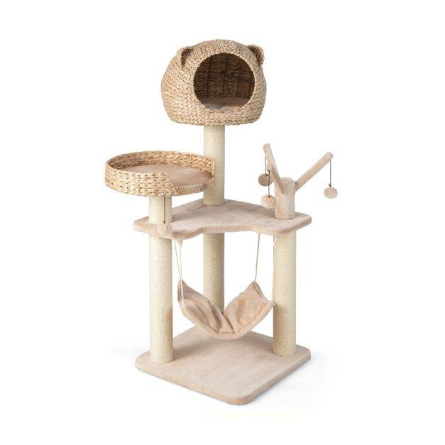 Helloshop26 - Arbre à chat 121 cm à 5 niveaux avec boules et hamac suspendues centre d'activités pour chats avec niche et poteaux en sisal - Image 1