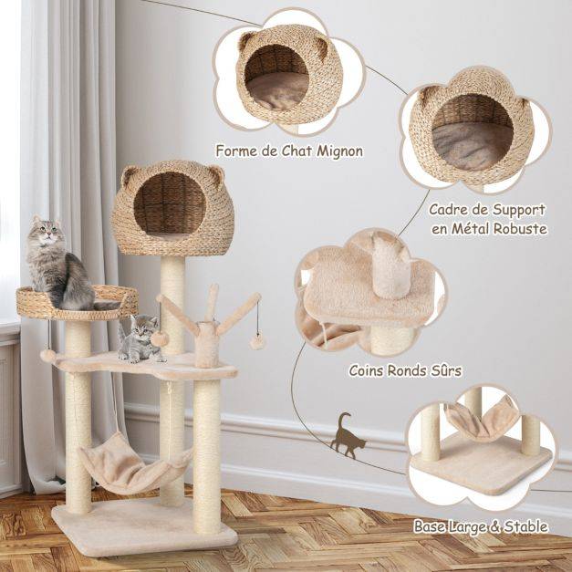 Helloshop26 - Arbre à chat 121 cm à 5 niveaux avec boules et hamac suspendues centre d'activités pour chats avec niche et poteaux en sisal - Image 3