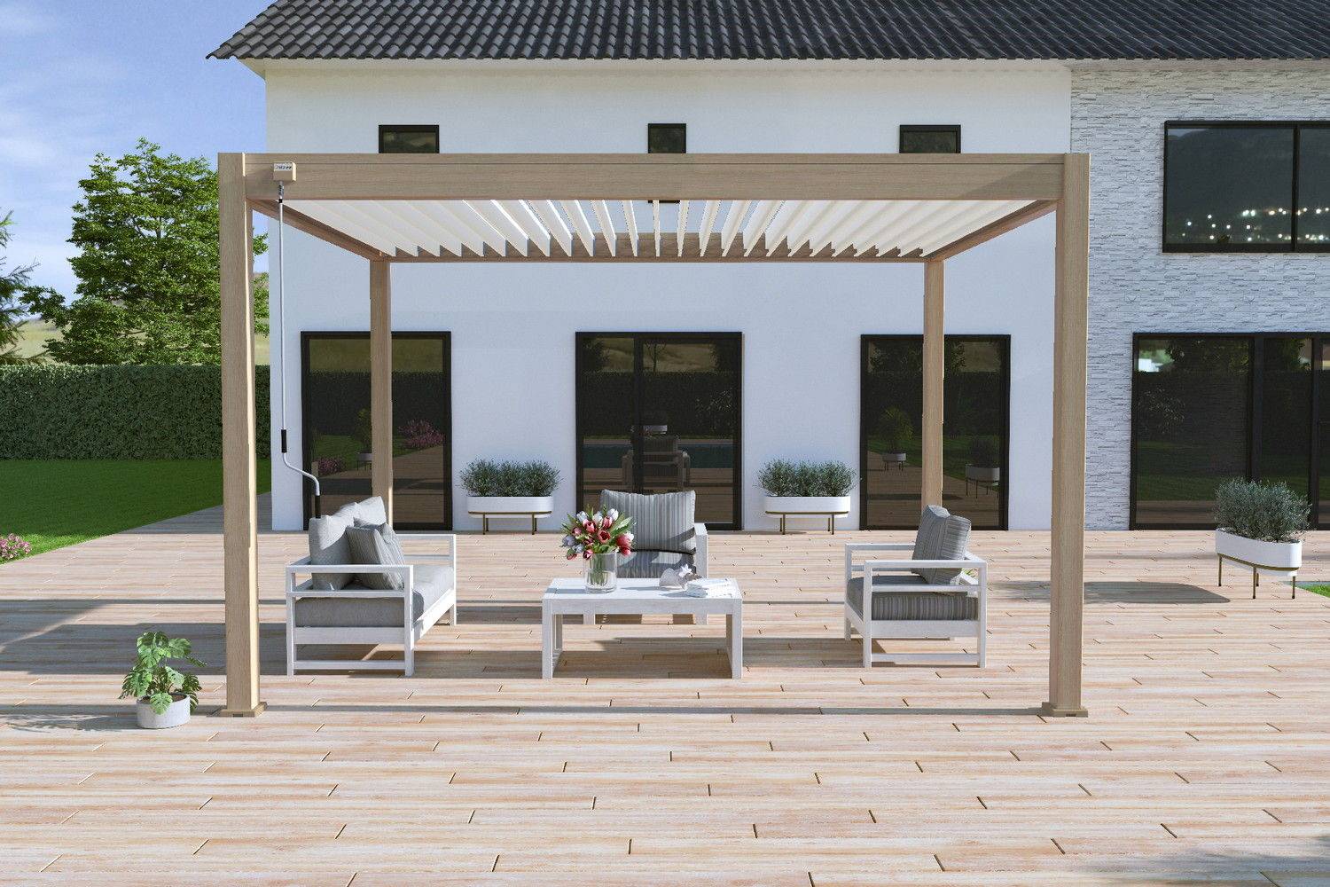 Ombrea - Pergola bioclimatique autoportante bois - 300 x 400 x H. 258 cm Ombréa