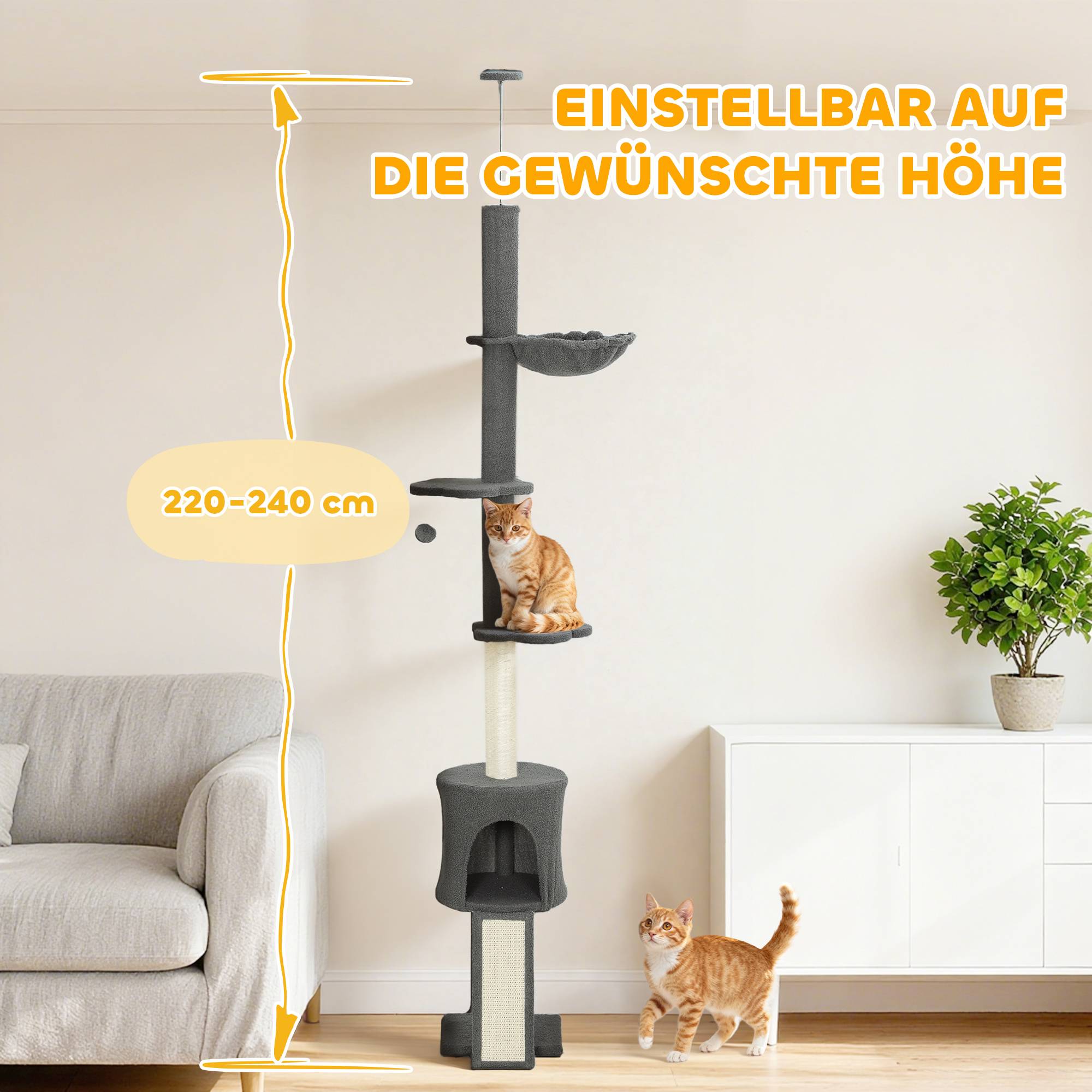 Sans Marque - Arbre à chat avec niche, hamac, hauteur réglable, griffoir recouvert de tissu, gris - Image 4