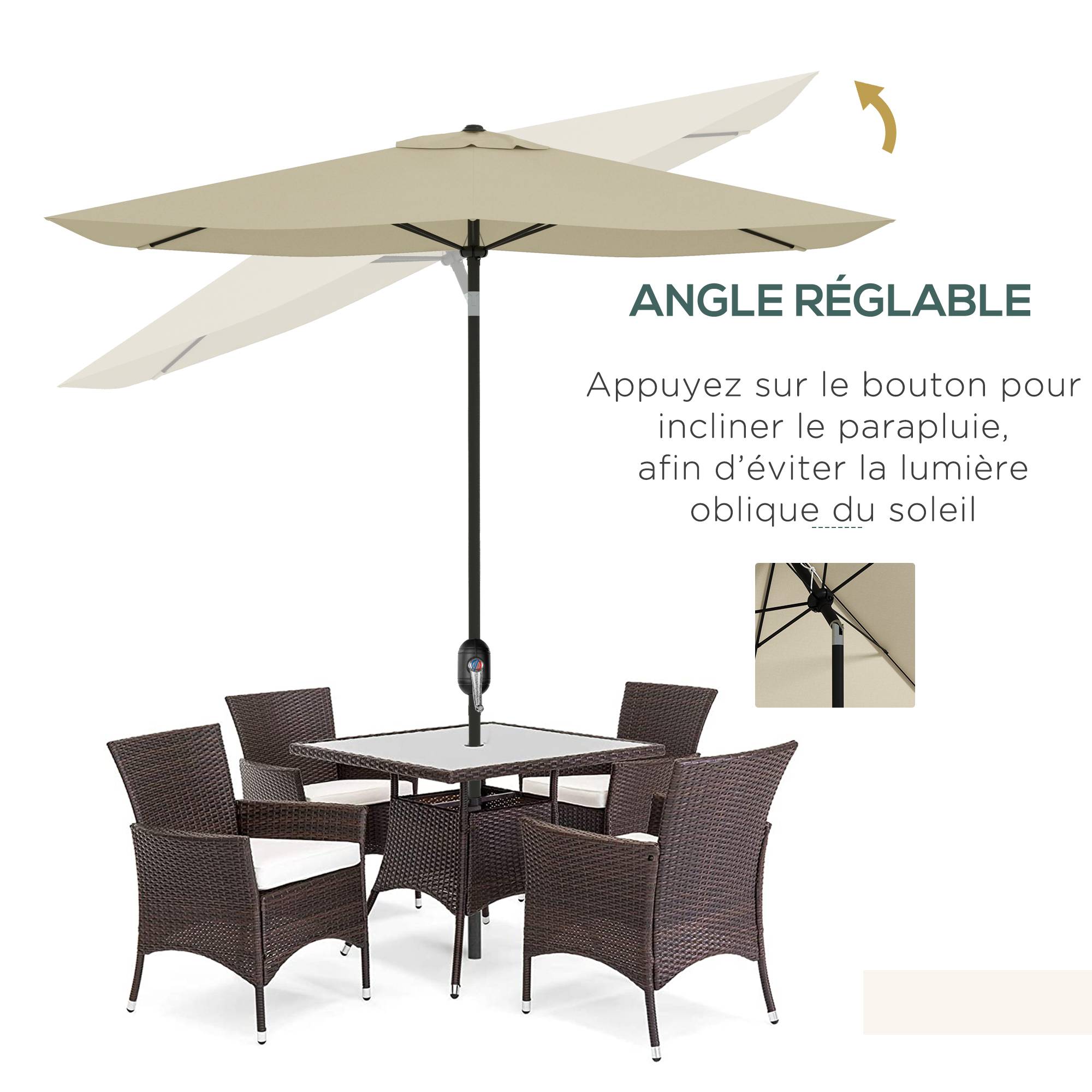 Parasol rectangulaire inclinable en aluminium et polyester crème 290 x 200 x 248 cm - PANGIVO - Image 6
