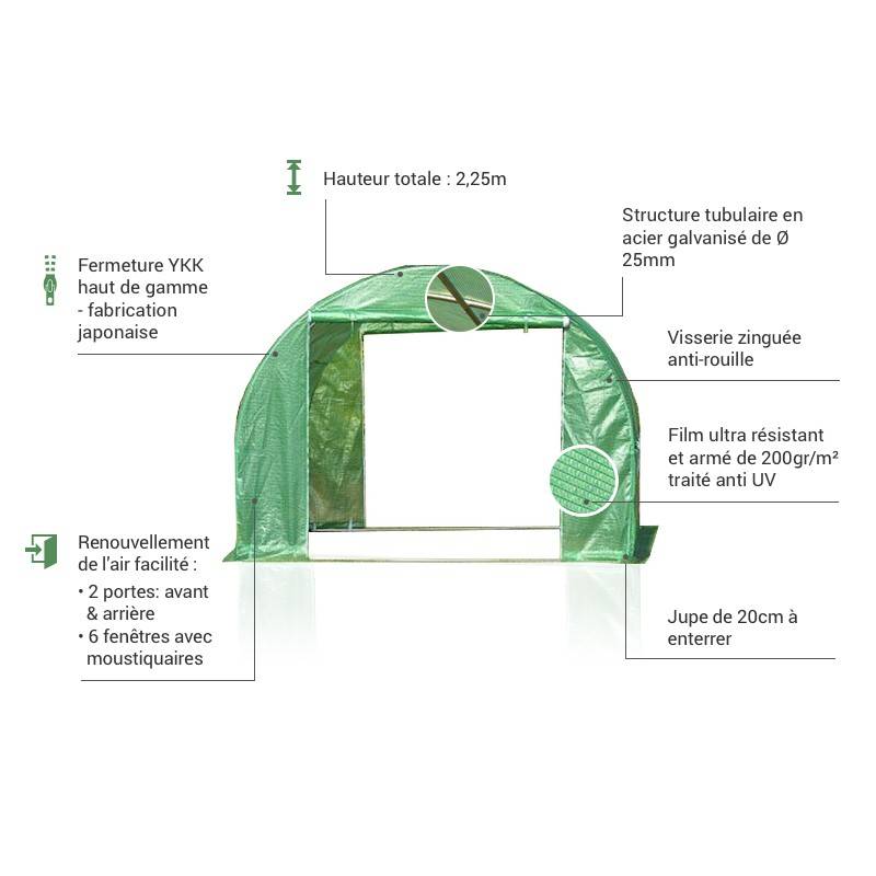 Serre tunnel 9m² film polyéthylène armé 200gr/m² hauteur 2,25m Green Protect - Image 3
