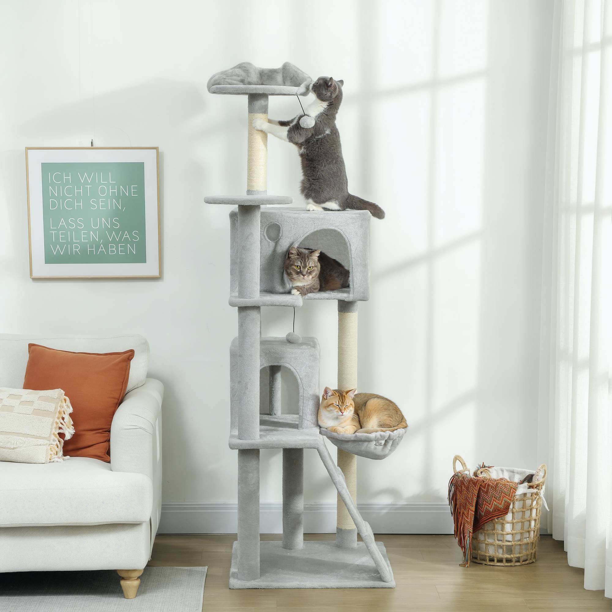 Sans Marque - Arbre à chat XXL gris clair 180 cm avec niches, hamac et sisal - Image 3