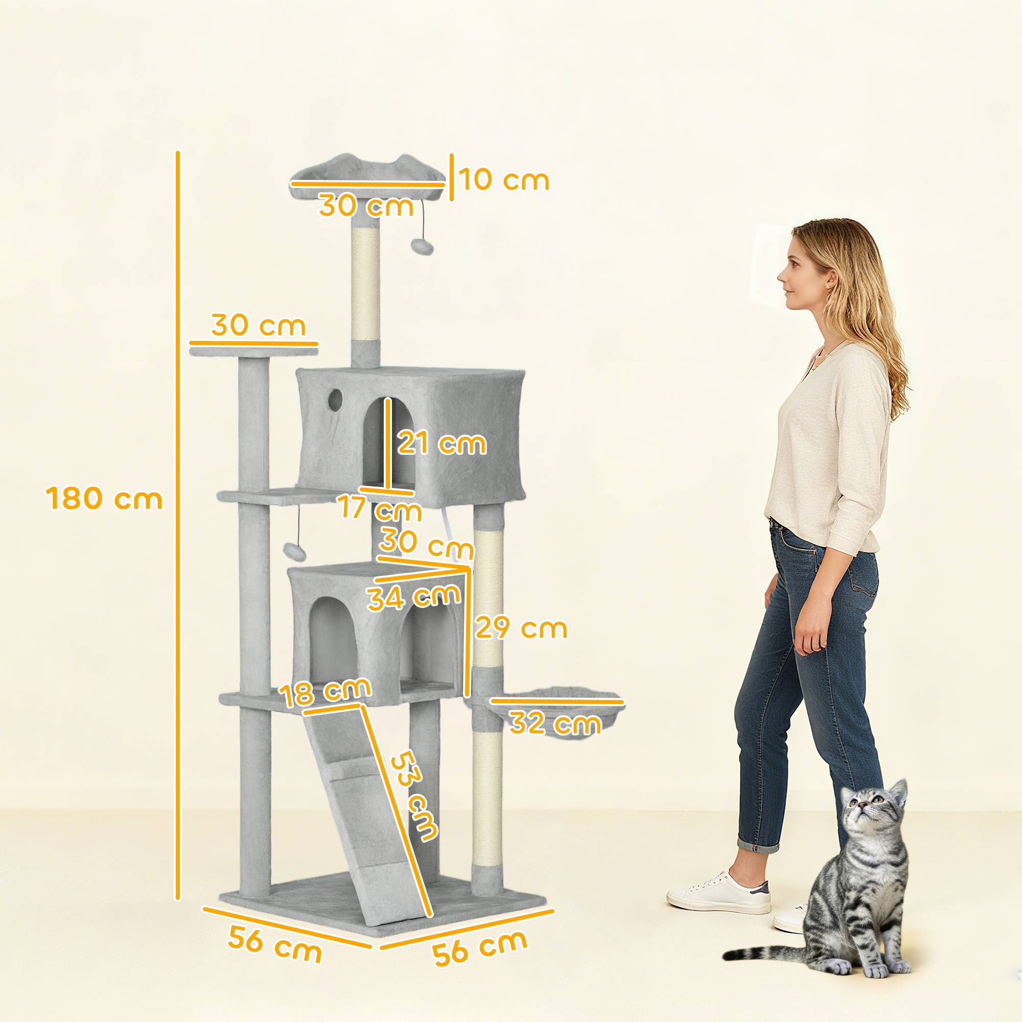 Sans Marque - Arbre à chat XXL gris clair 180 cm avec niches, hamac et sisal - Image 5