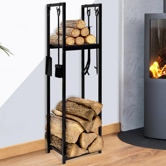 Range bûches vertical avec accessoires 2 étagères H.112 CM pour cheminée - Image 1