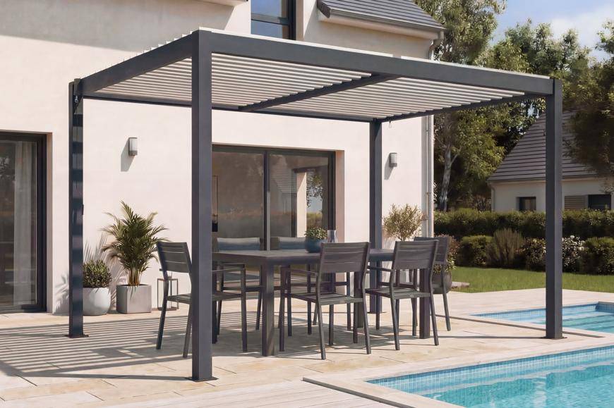 Pergola bioclimatique autoportée 4x3 m AGOSTA aluminium gris lames blanches - Image 1