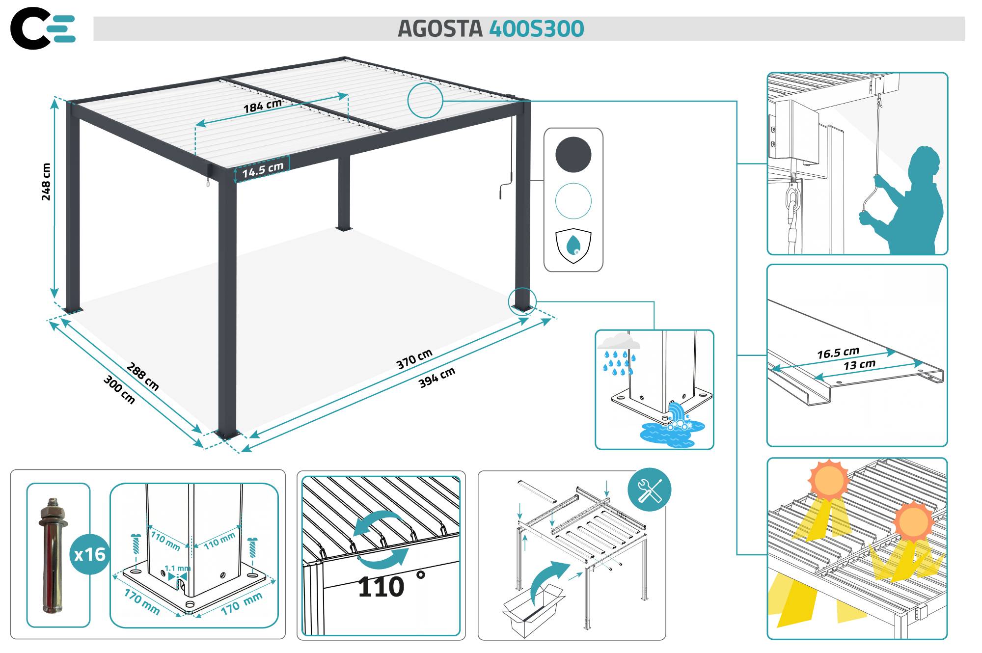 Pergola bioclimatique autoportée 4x3 m AGOSTA aluminium gris lames blanches - Image 2
