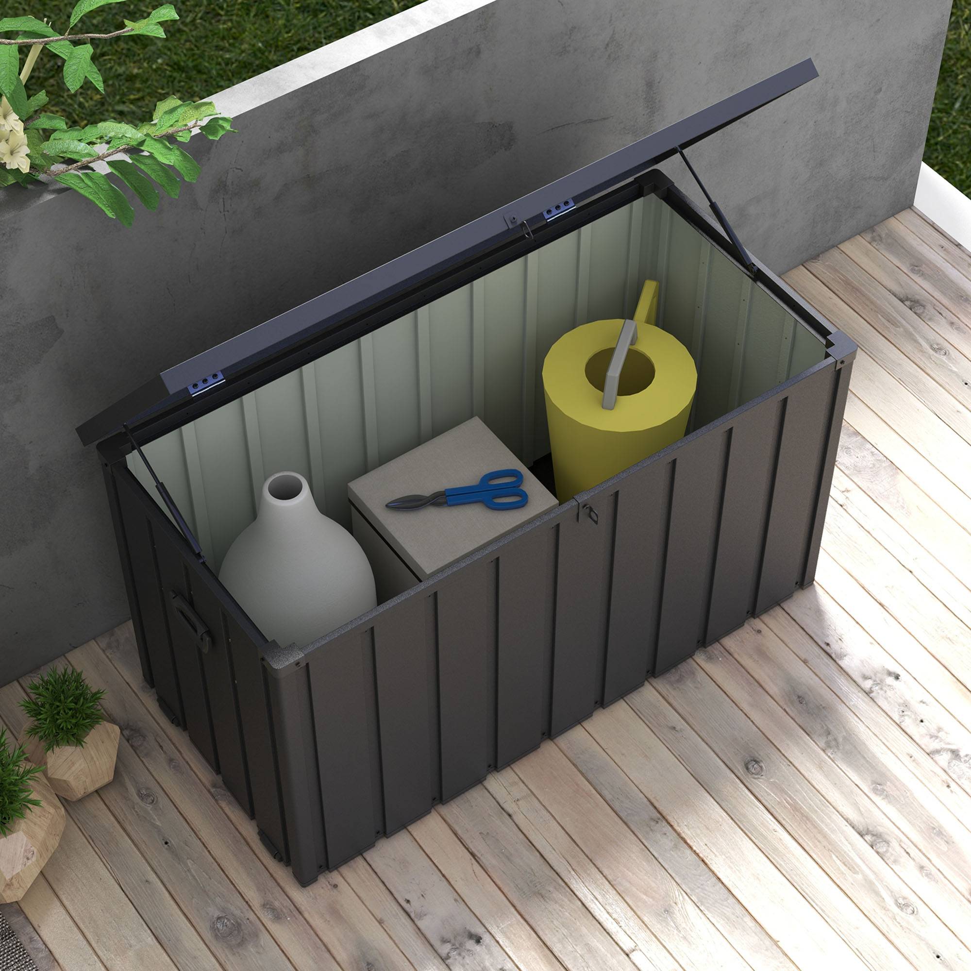 Coffre de rangement 450L en acier pour terrasse avec roulettes Gris foncé 125x61x70cm - ComfortXL Outdoor Living - Image 10