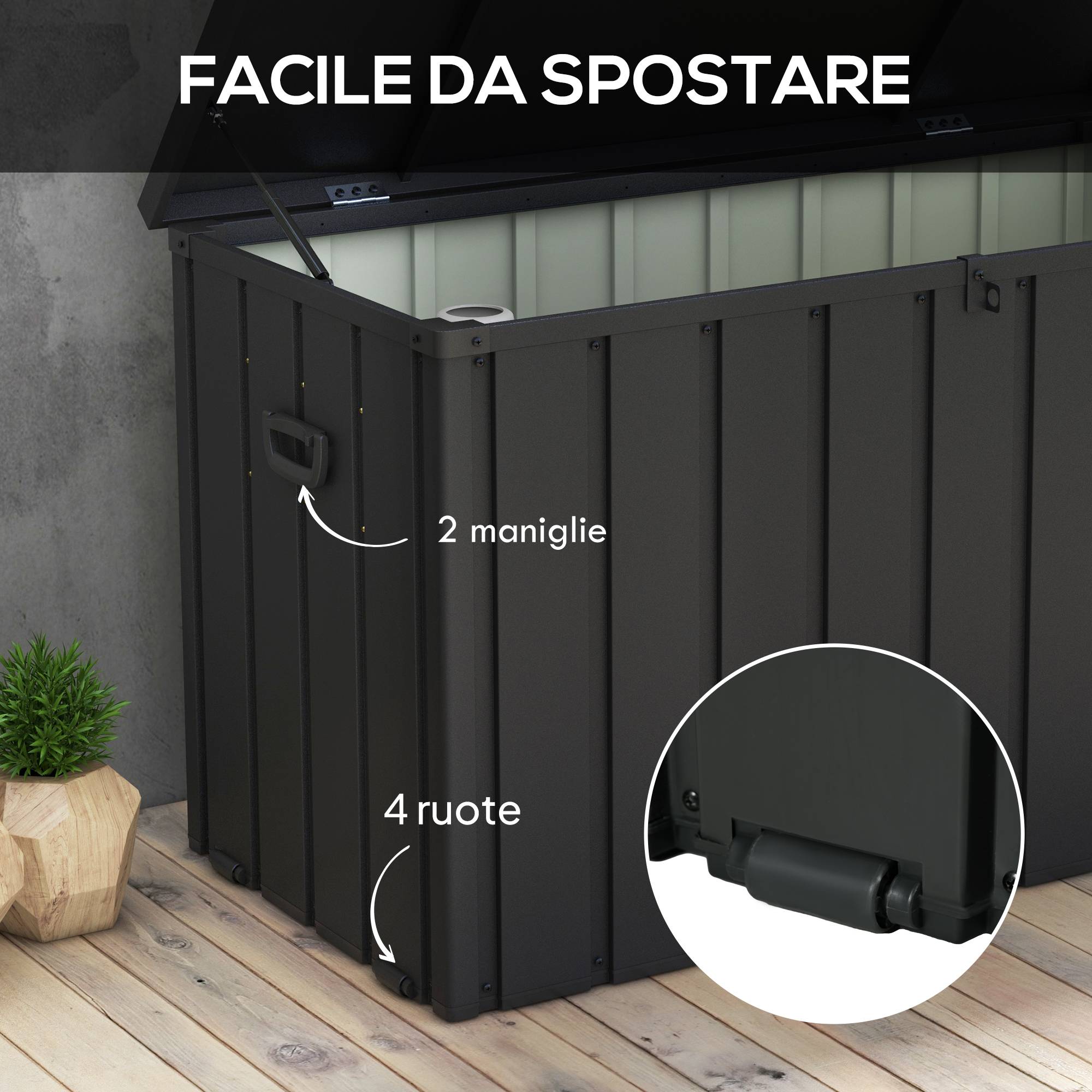 Coffre de rangement 450L en acier pour terrasse avec roulettes Gris foncé 125x61x70cm - ComfortXL Outdoor Living - Image 6