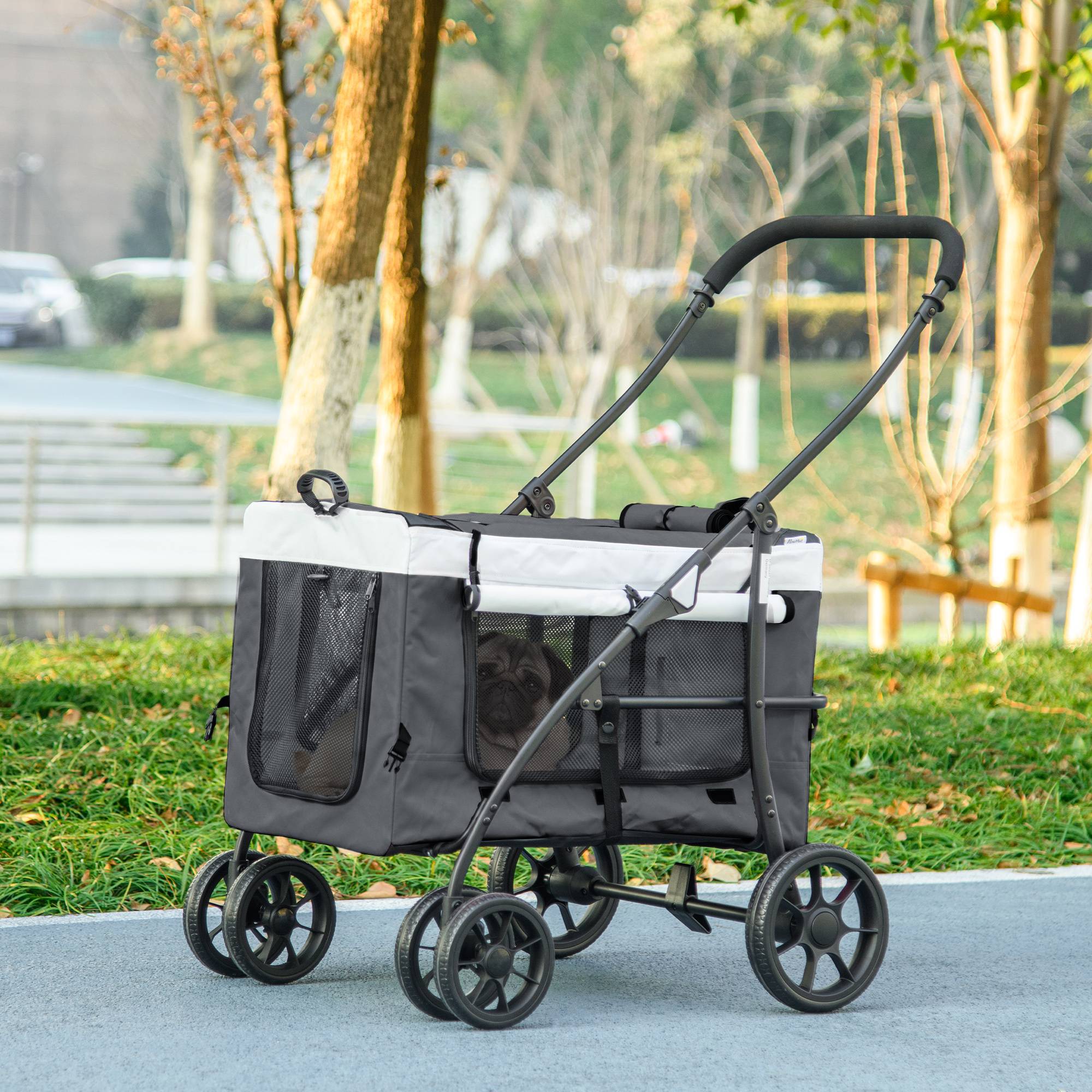 Poussette pour chien, pliable, avec panier amovible, 81 x 58 x 97,5 cm, noir, gris et blanc - Image 4