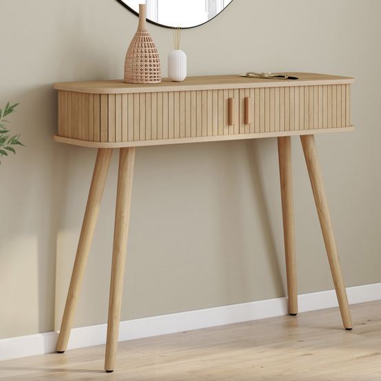 Console 2 portes coulissantes ROMIE lattes tasseau bois coloris chêne - Image 1