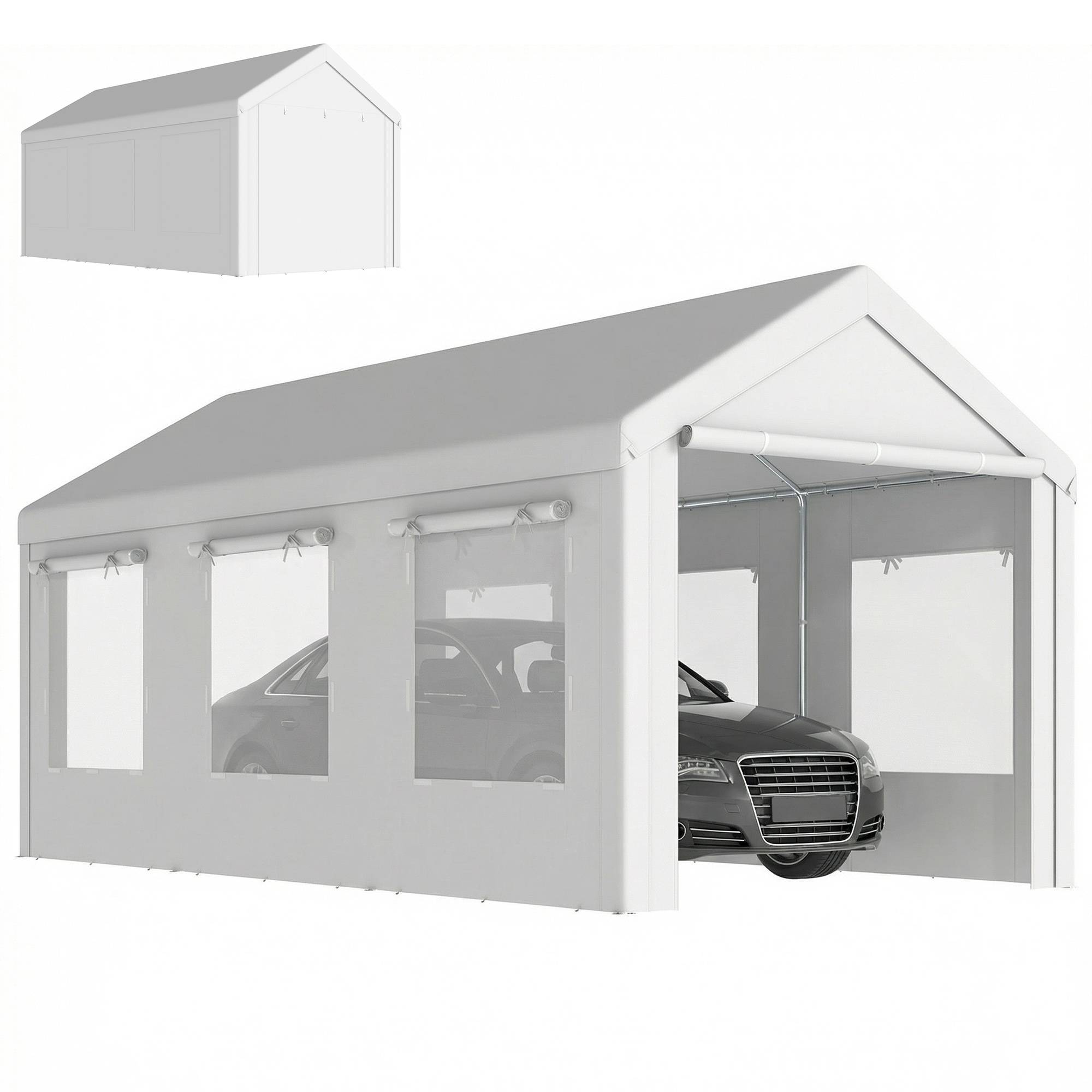 Abri de Voiture Tente de Garage Protection UV30+ Hauteur Réglable 6 Fenêtres et Moustiquaire 3x6m Blanc - Image 2